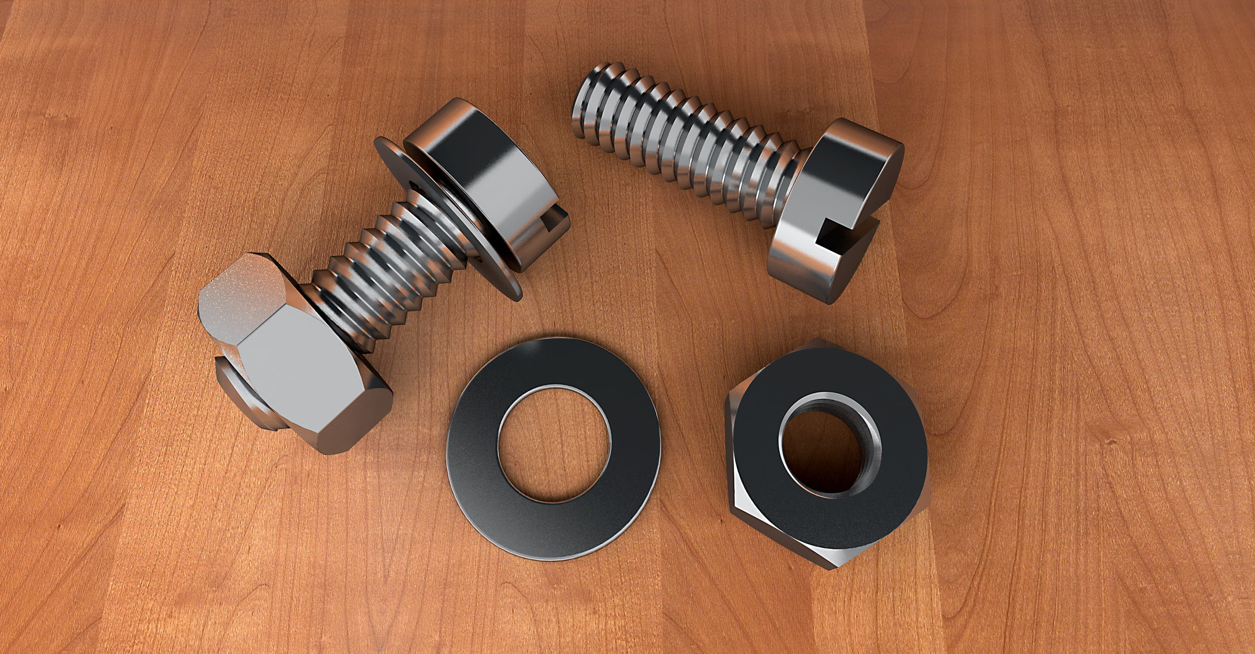 3d, day, thread, metal thread, table, gland, wood grain, wooden, two, steel, animation, silver colored, no people, studio shot, close-up, high angle view, HD Wallpaper