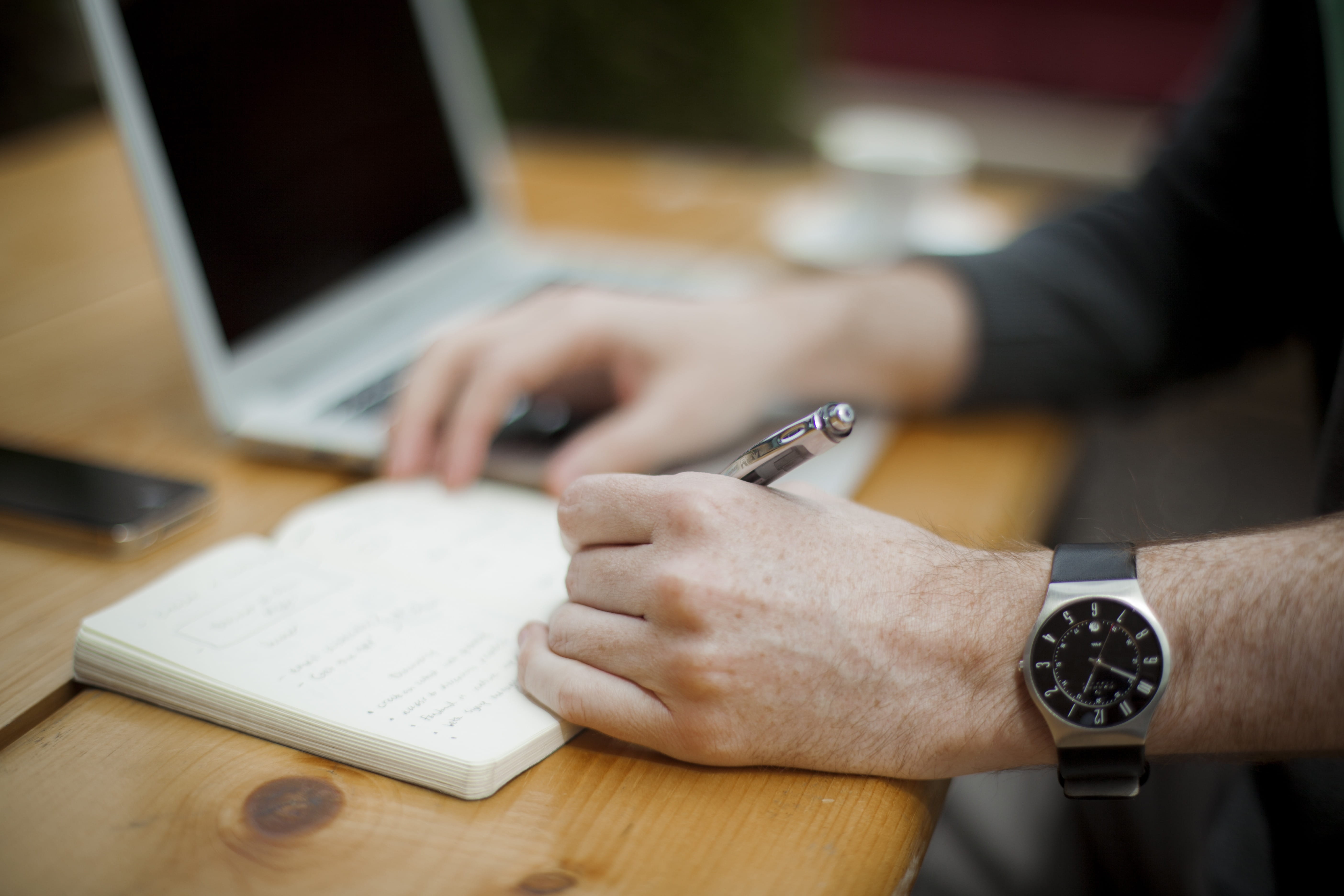 writing, desk, watch, notepad, laptop, adult, home office, wristwatch, office job, connection, hand, indoors, hands, technology, apple, using laptop, notebook, HD Wallpaper
