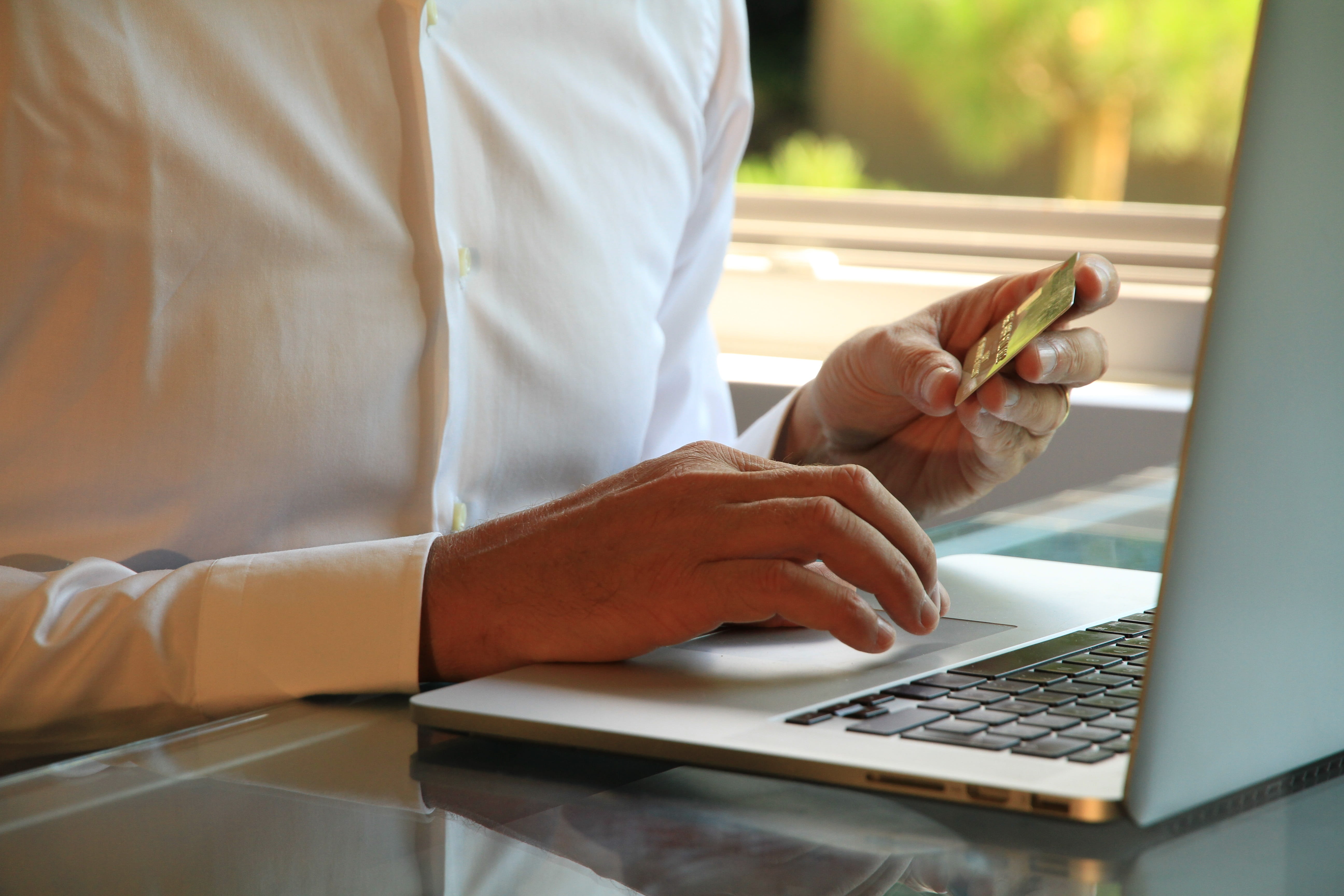computer, blue card, working, surfing the net, adult, table, typing, communication, payment, hand, human body part, holding, money, real people, pay, using laptop, HD Wallpaper
