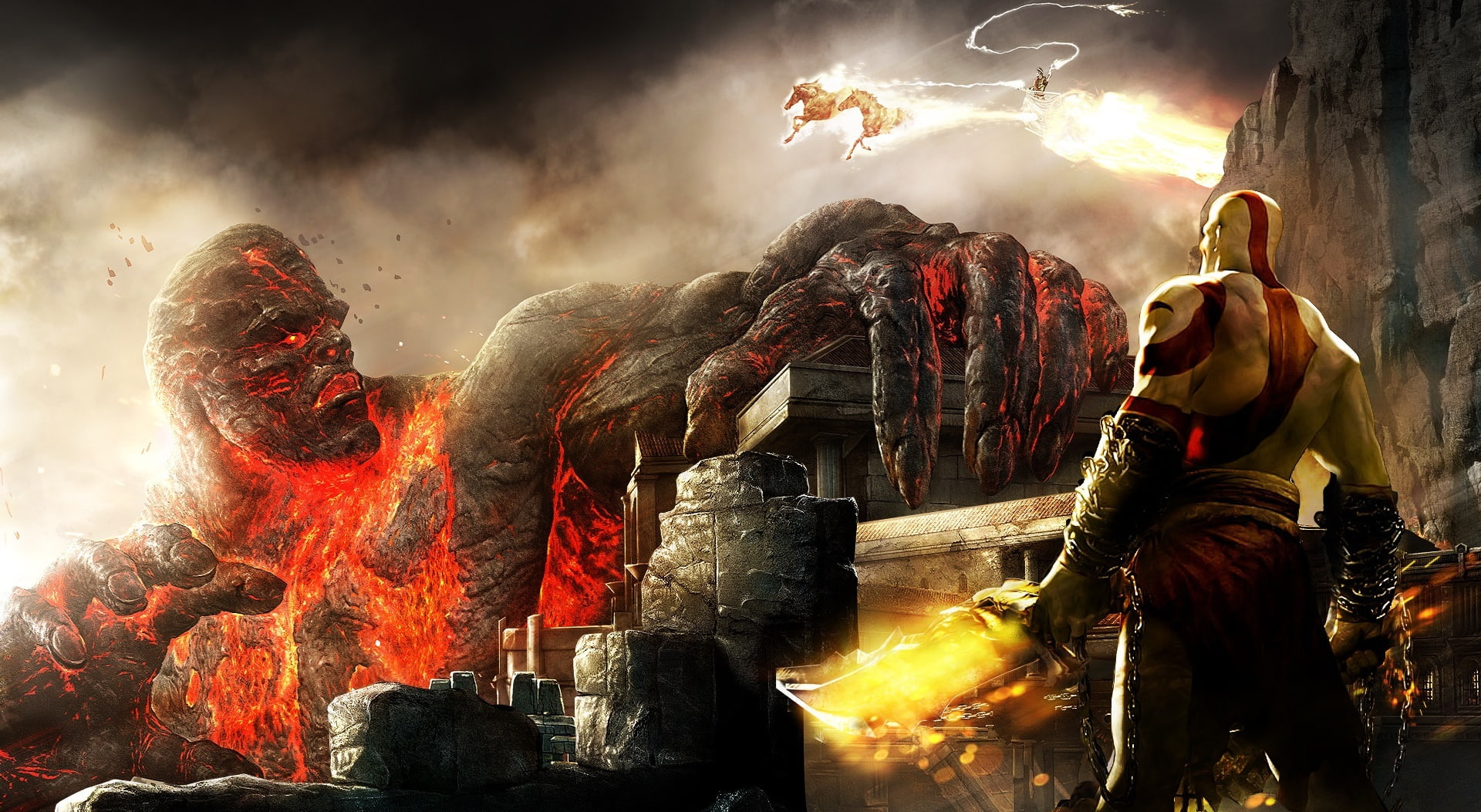 Games, nature, sky, titan, flame, outdoors, night, smoke - physical structure, heat - temperature, poster, fire, no people, cloud - sky, Kratos, 1080P, HD Wallpaper