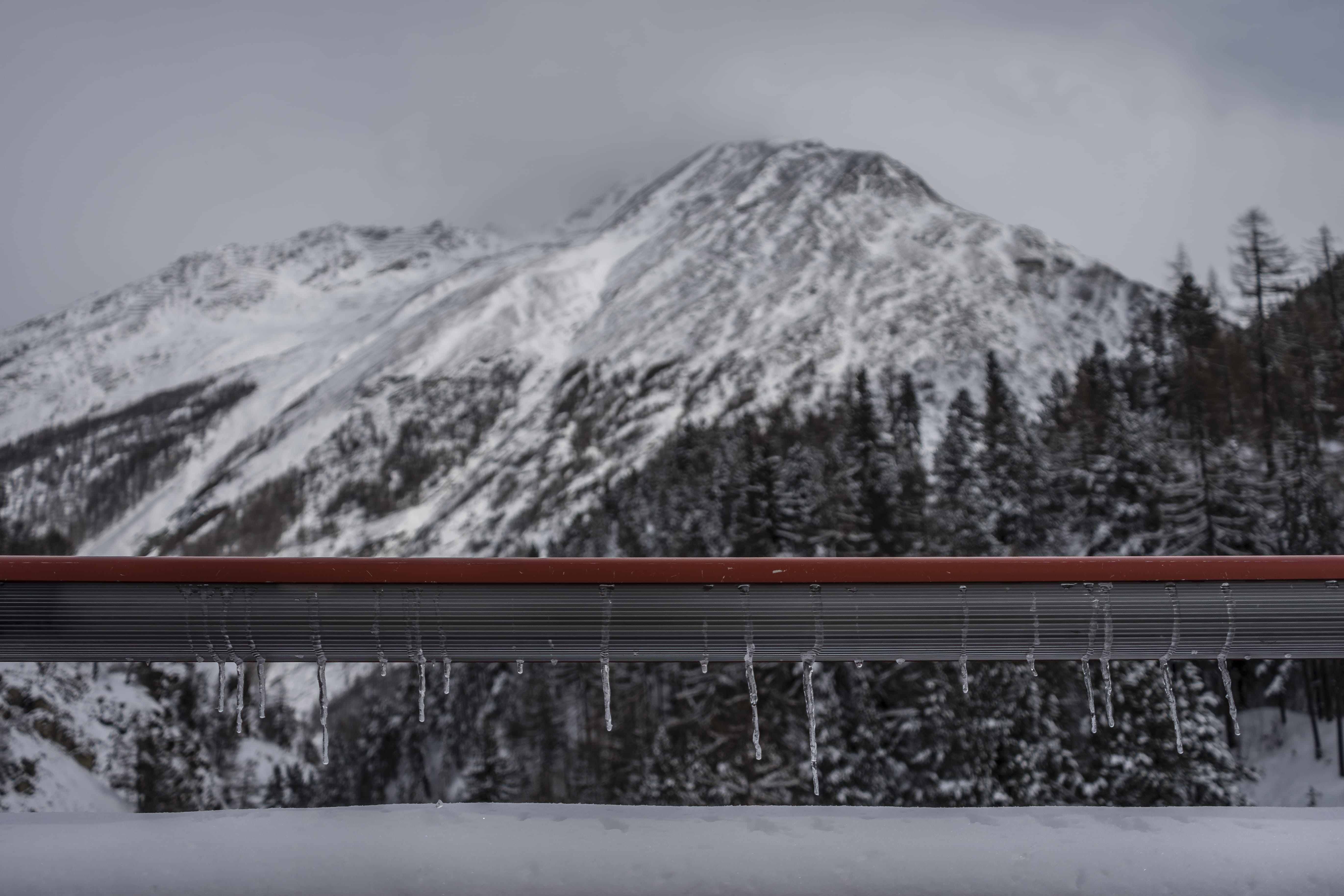 crash barrier, snow, sky, switzerland, mountain, cold temperature, day, bridge, railing, winter, snowing, beauty in nature, transportation, plant, ice, HD Wallpaper
