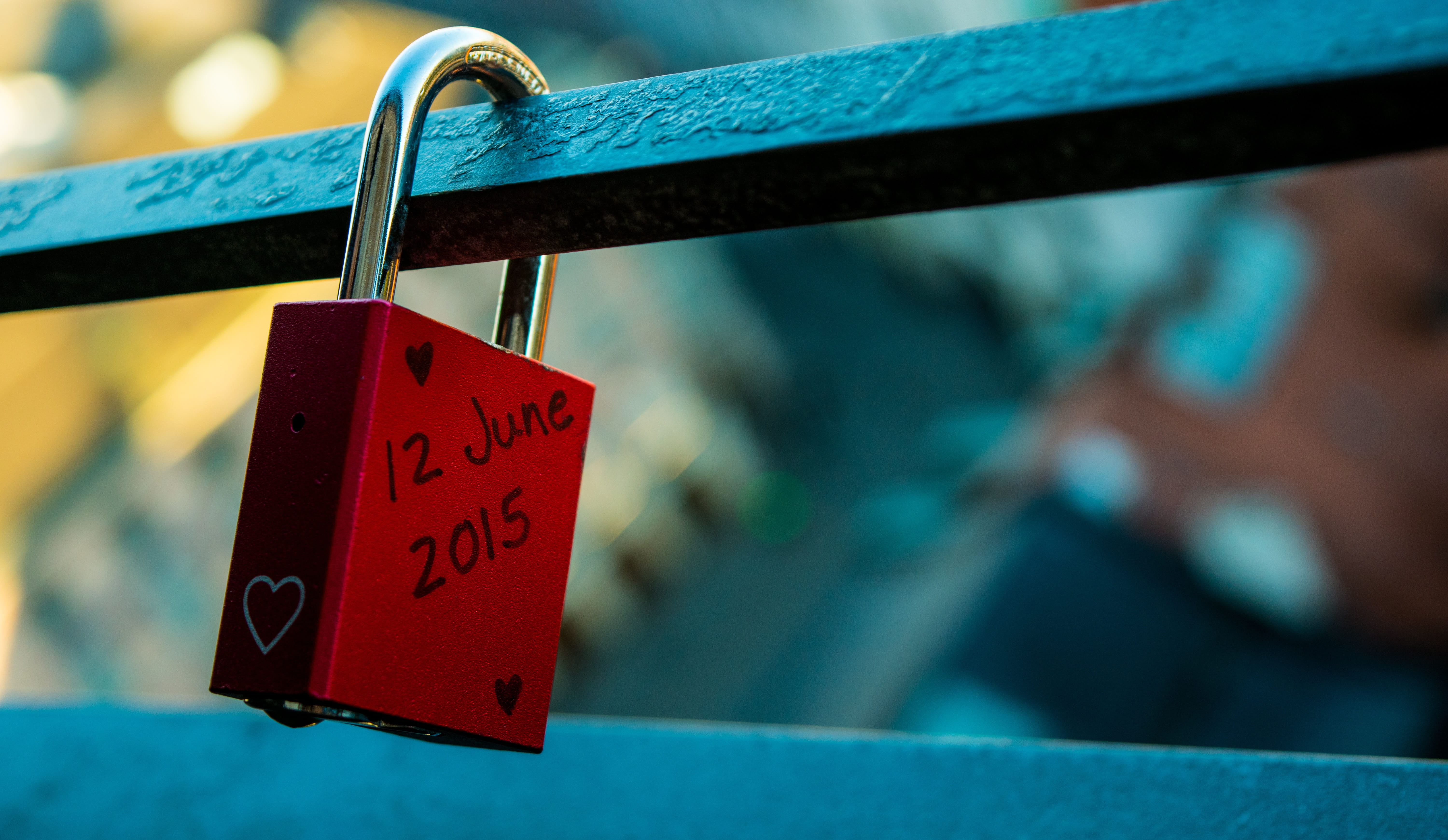 city, locks, love lock, padlock, love padlock, luck, protection, date, red, focus on foreground, communication, bar, conceptual, hanging, lock, positive emotion, HD Wallpaper
