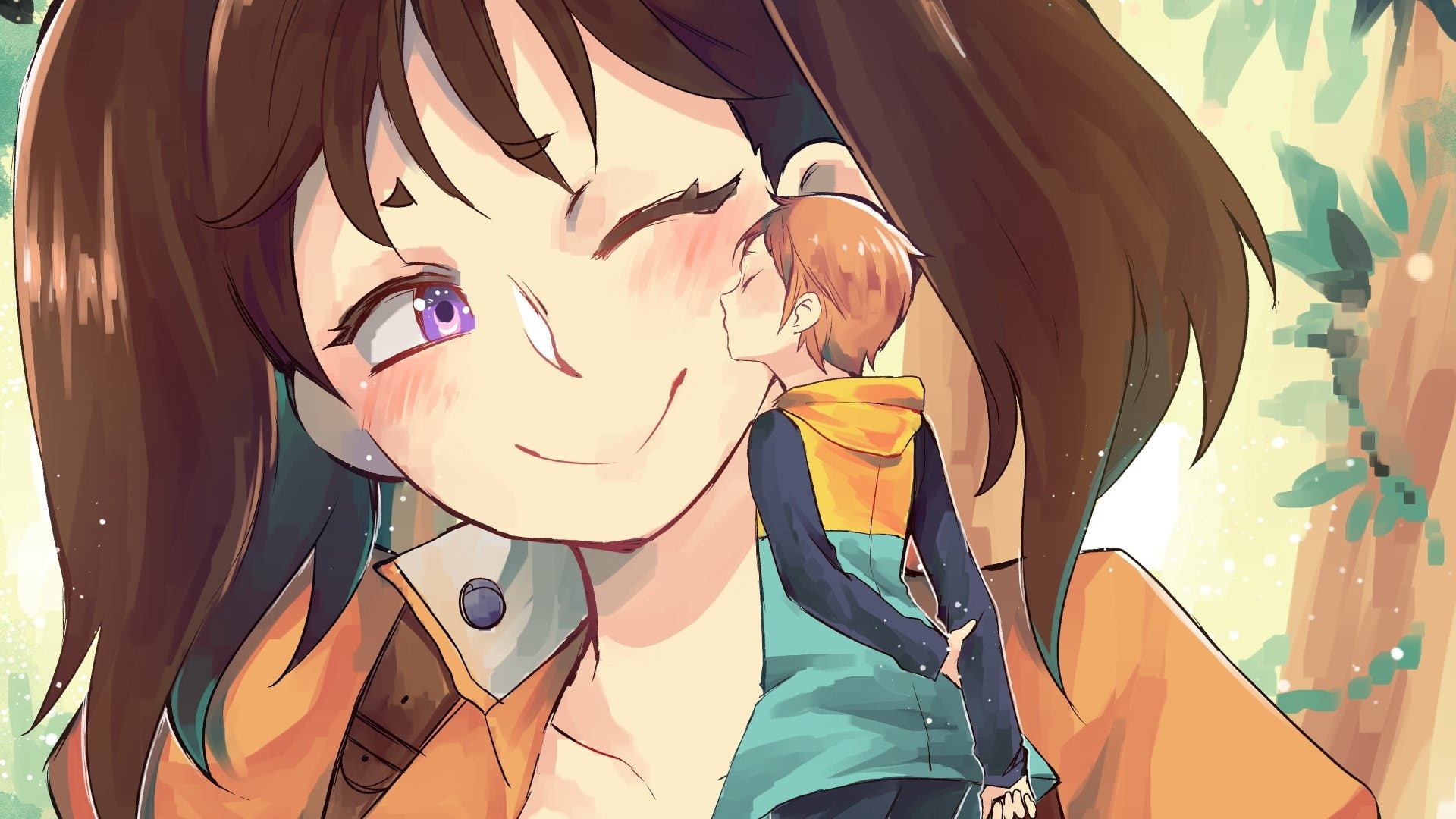 Anime, Hood, The Seven Deadly Sins, 1080P, Diane (The Seven Deadly Sins), Blush, King (The Seven Deadly Sins), Kiss, Purple Eyes, Smile, Brown Hair, Giant, HD Wallpaper