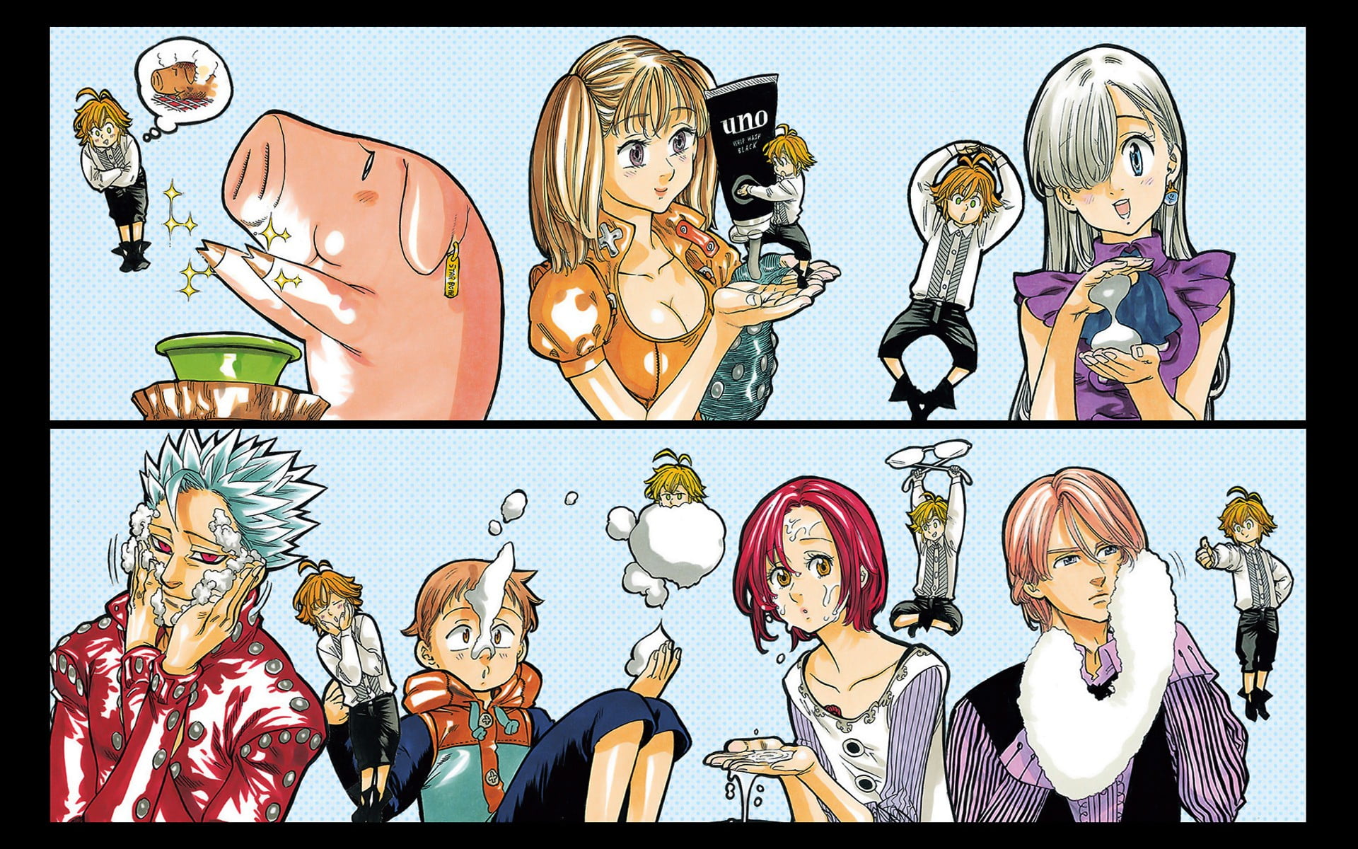 anime, 1080P, transfer print, auto post production filter, no people, multi colored, large group of objects, shirt, Nanatsu no Taizai, orange, female, HD Wallpaper