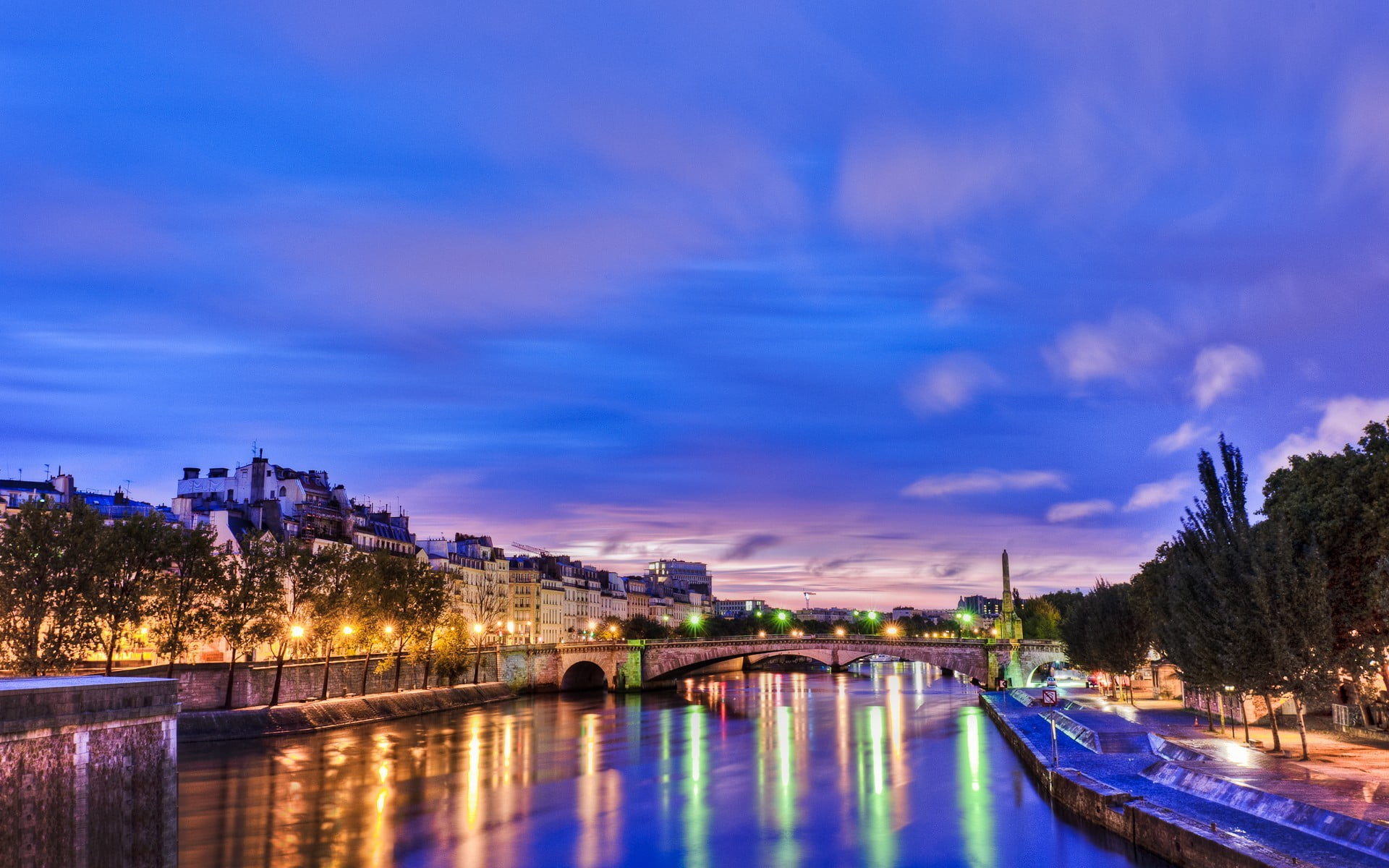 arch bridge, brown, bridge - man made structure, cloud - sky, cityscape, arch, tree, 1080P, outdoors, illuminated, night, dusk, building, water, no people, HD Wallpaper