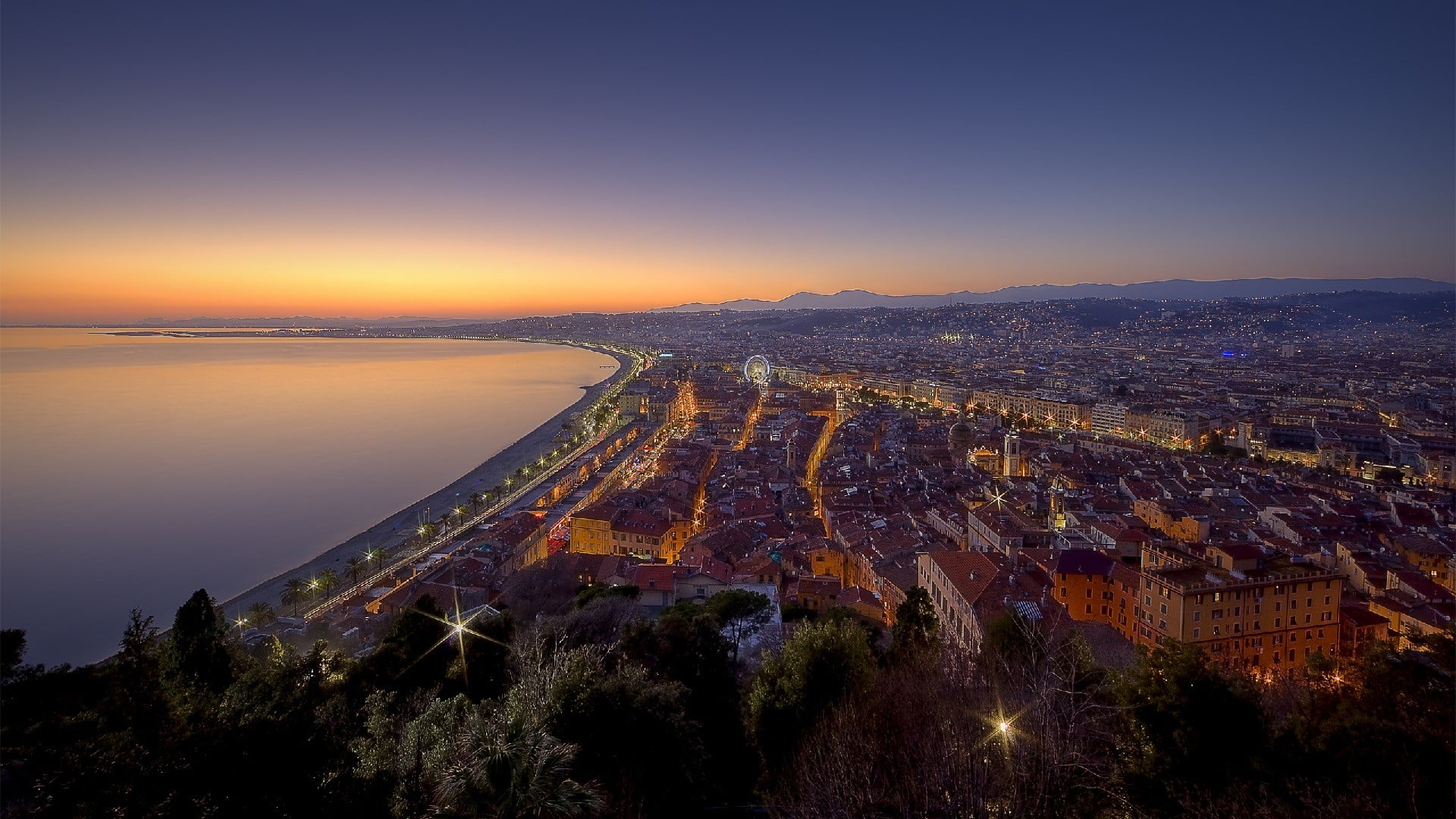cityscape, black, Nice (city), beauty in nature, night, plant, outdoors, France, architecture, high angle view, sunset, building, tree, horizon over water, HD Wallpaper