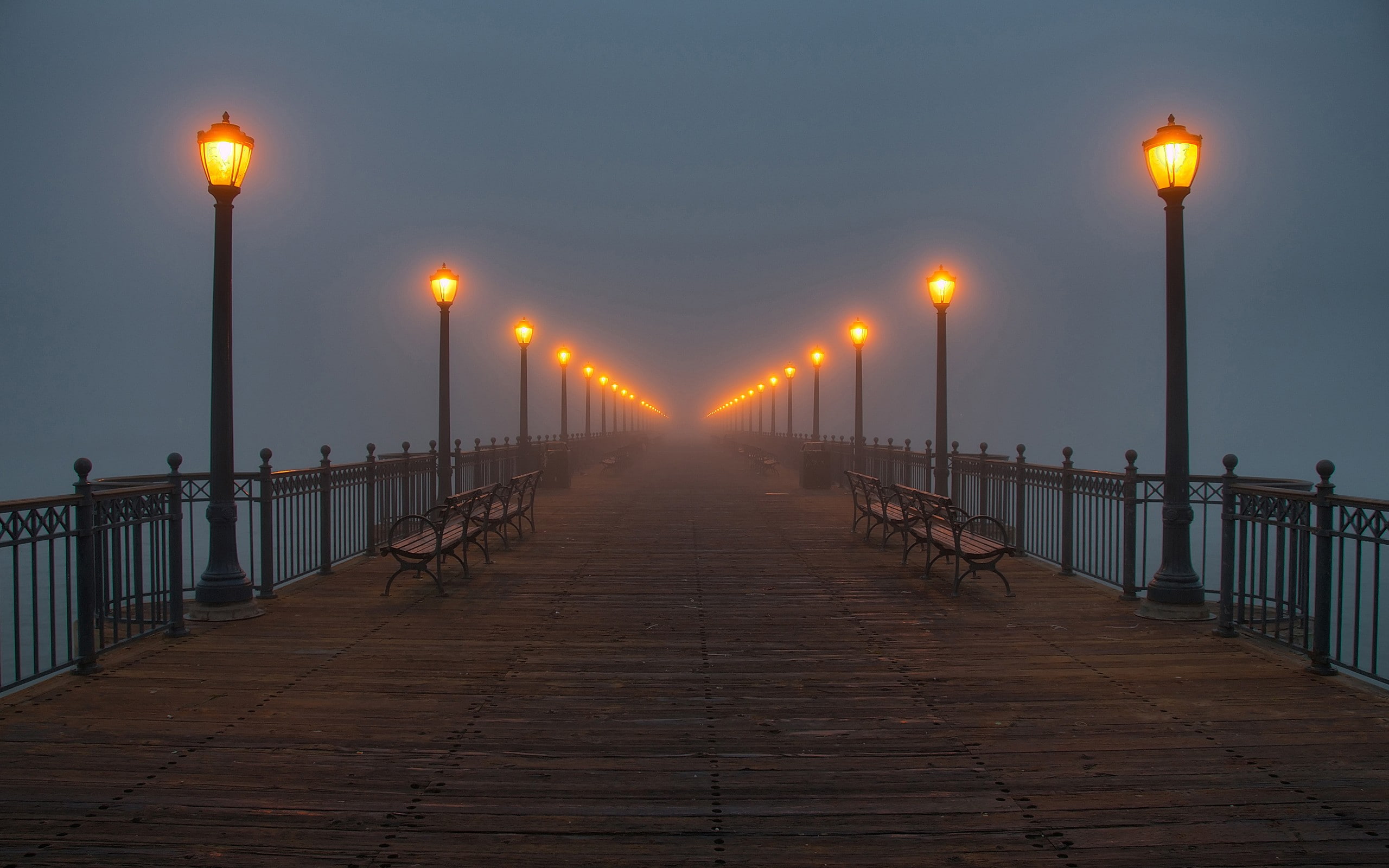 2K, mist, lantern, pier, lights, street light, bench, dock, HD Wallpaper