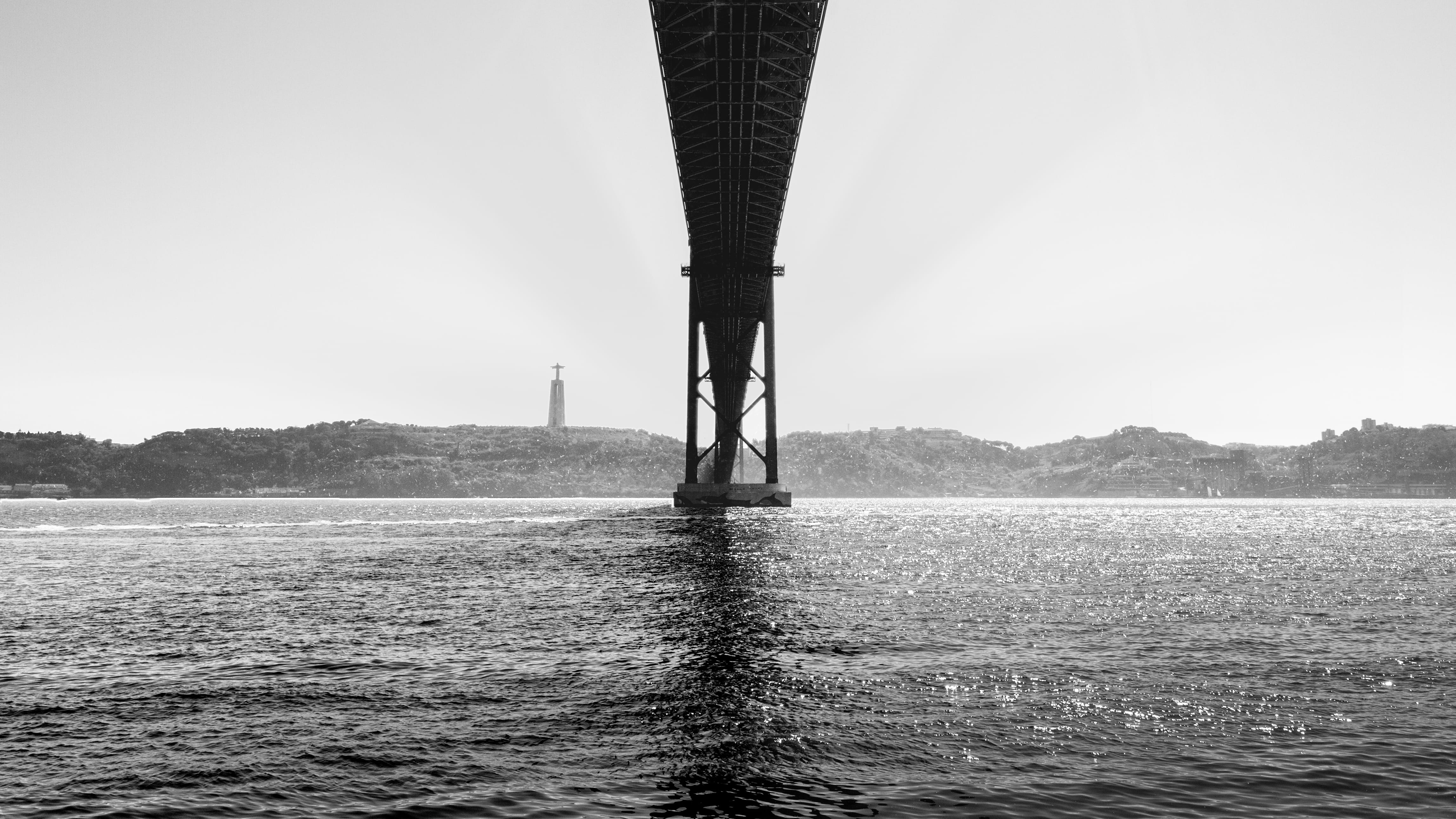tranquility, tower, street, lisboa, bw, waterfront, mountain, no people, sky, beauty in nature, non-urban scene, portugal, 4K, ponte 25 de abril, sea, HD Wallpaper