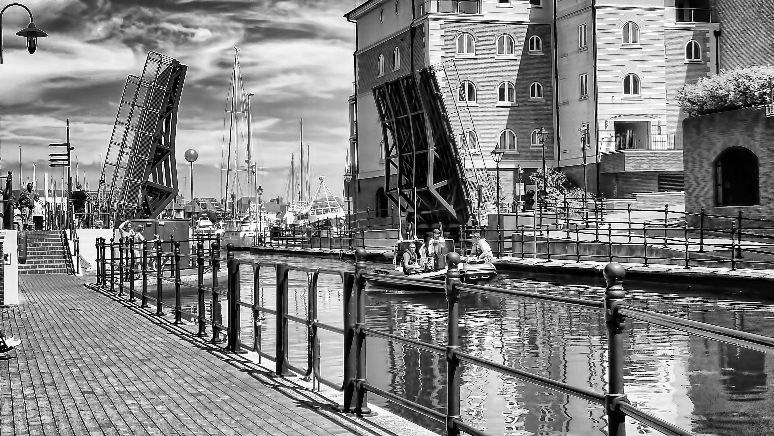 people, person, black And White, building exterior, harbor, tourism, bay, outdoors, sail, waterfront, no people, cruise, urban, day, bridge, nature, reflection, HD Wallpaper