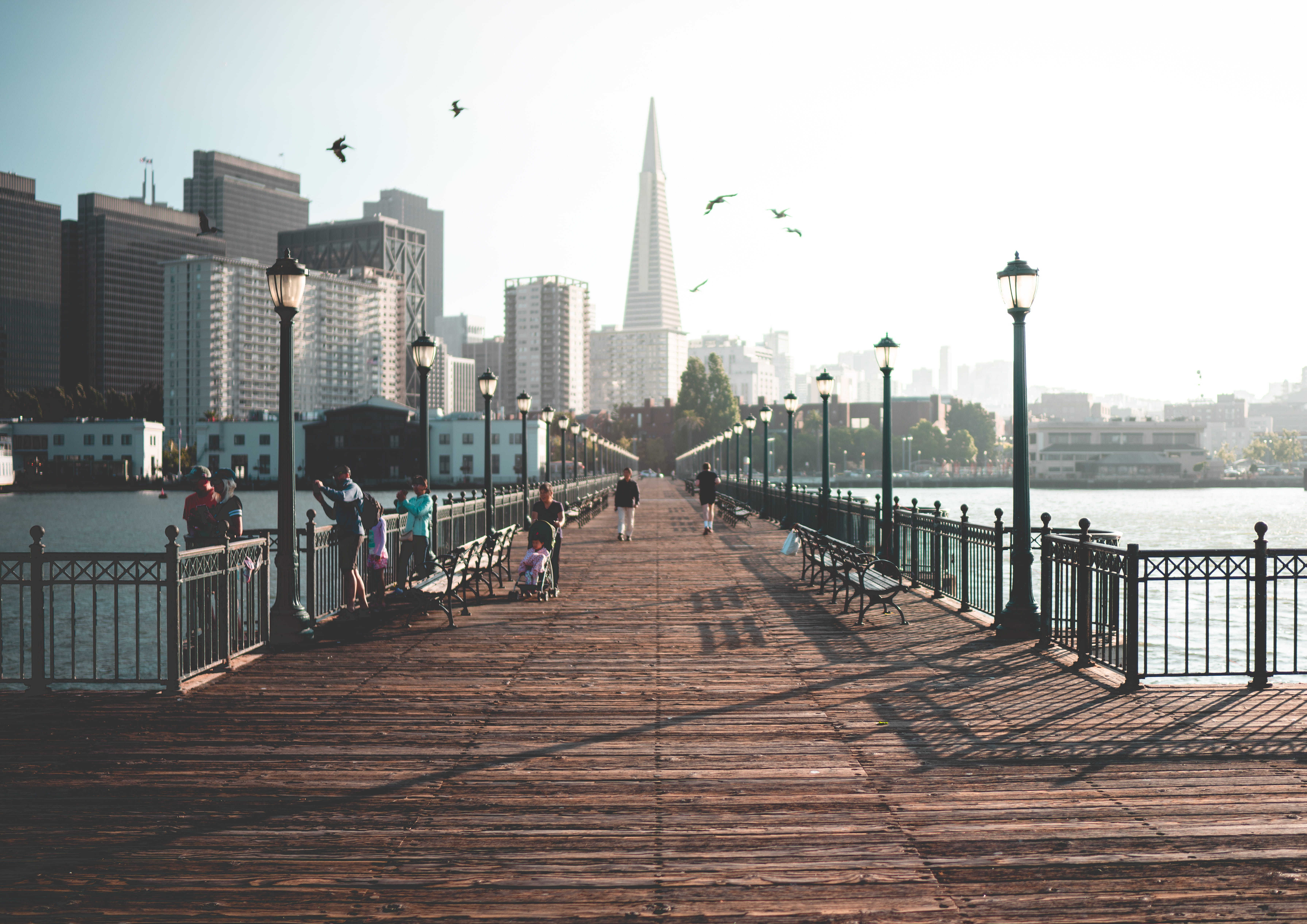 dock, tower, cityscape, person, financial district, travel destinations, road, pier 7, architecture, human, office building exterior, tall - high, 5K, HD Wallpaper