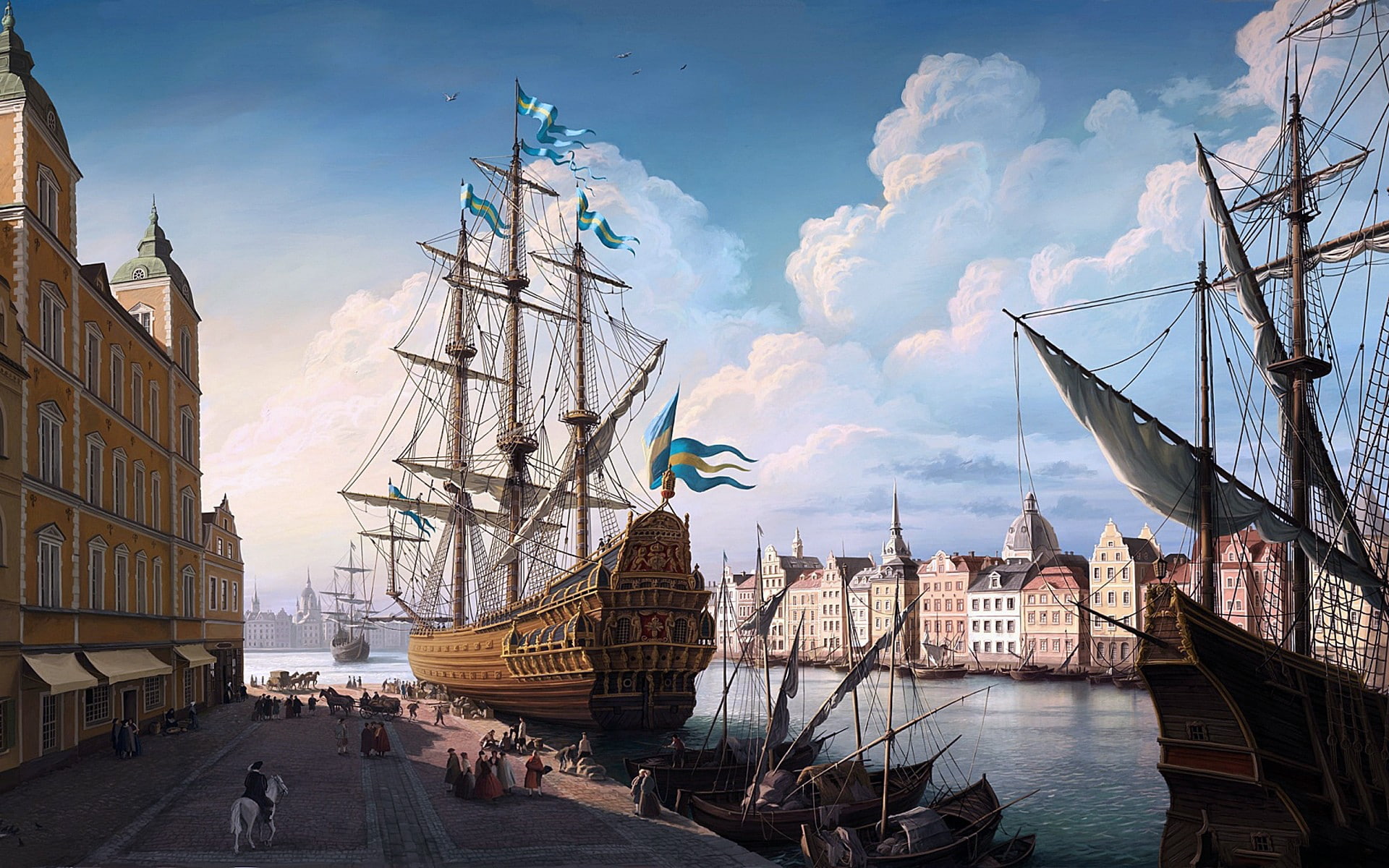 street, 1080P, Dock, building, house, clouds, artwork, Crowds, boat, Sailing Ship, painting, history, sea, Classic Art, HD Wallpaper