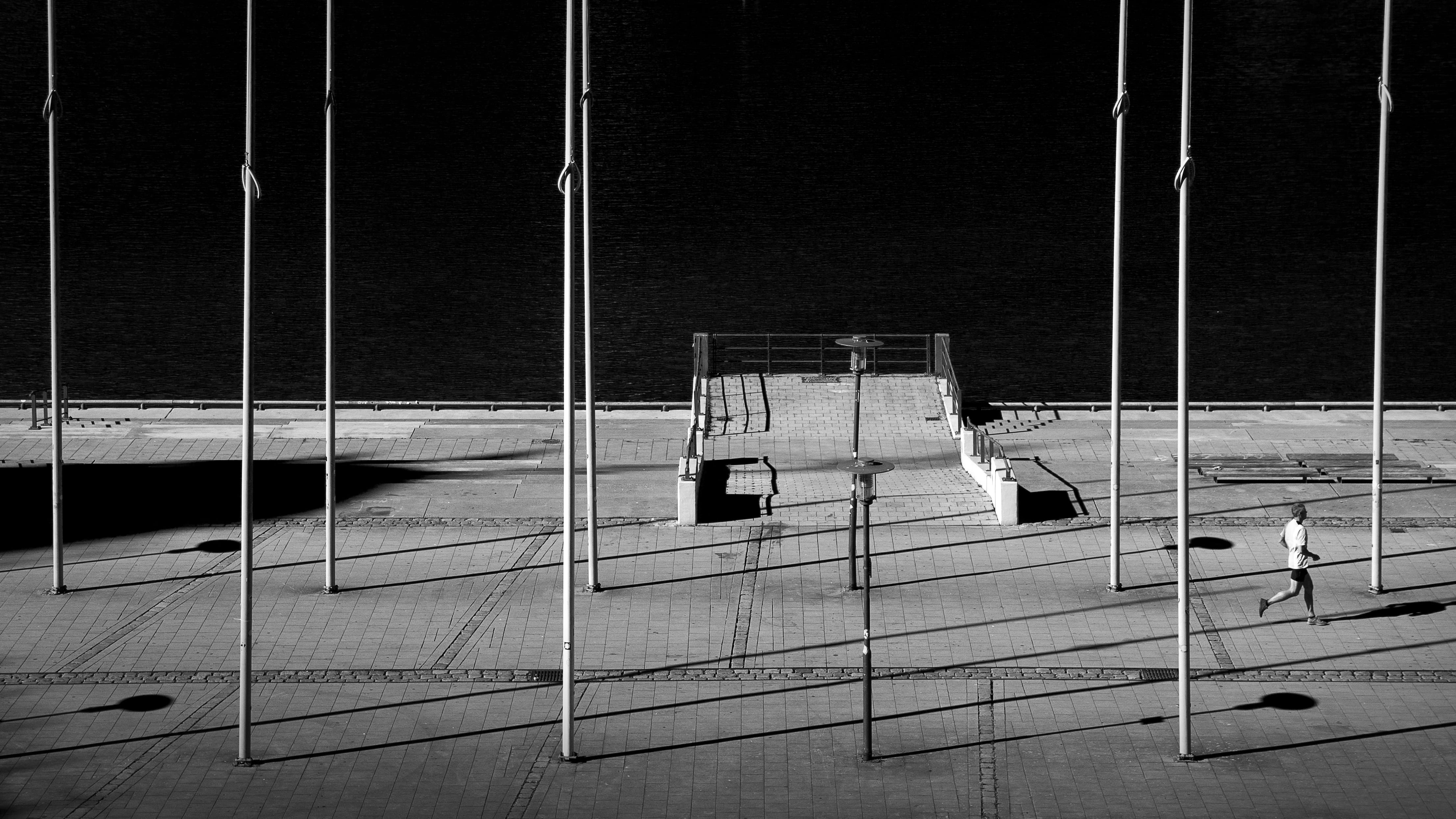person, concrete, shadow, building exterior, banister, rod, outdoors, kiel, germany, window, transportation, jogging, photography, sport, water, city, absence, HD Wallpaper