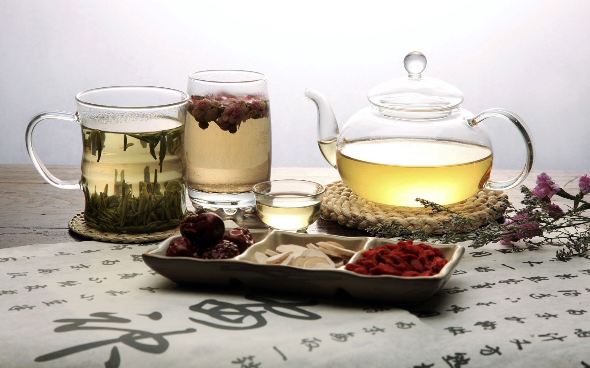 tea leaves, herbs, glasses, transparent, allsorts, glass, teapot, 1080P, HD Wallpaper