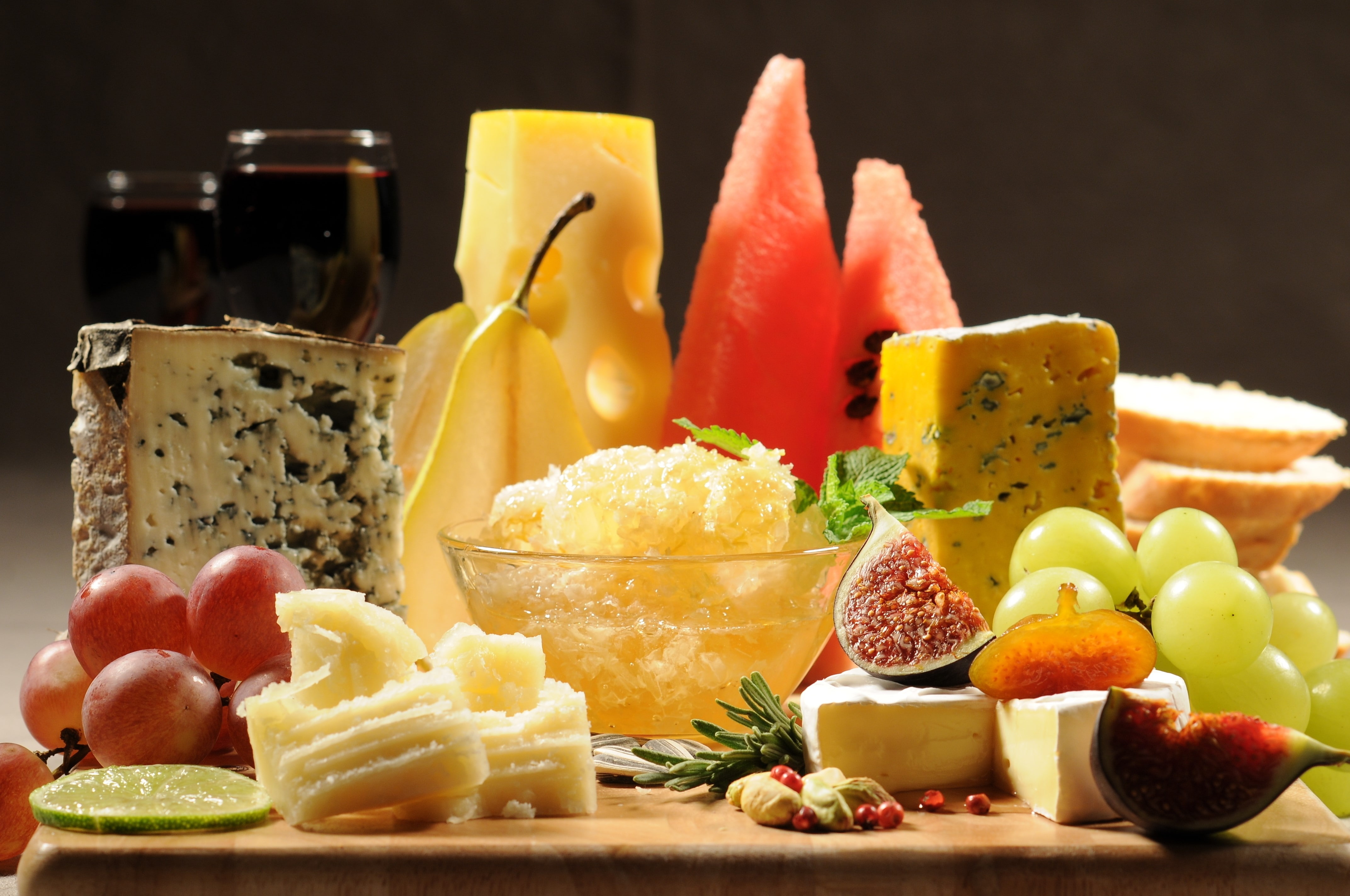 Allsorts, fruit, Pear, food, snack, Cheese, bread, food and drink, berry fruit, dairy product, watermelon, Water-melon, melon, still life, 4K, glass, pineapple, HD Wallpaper