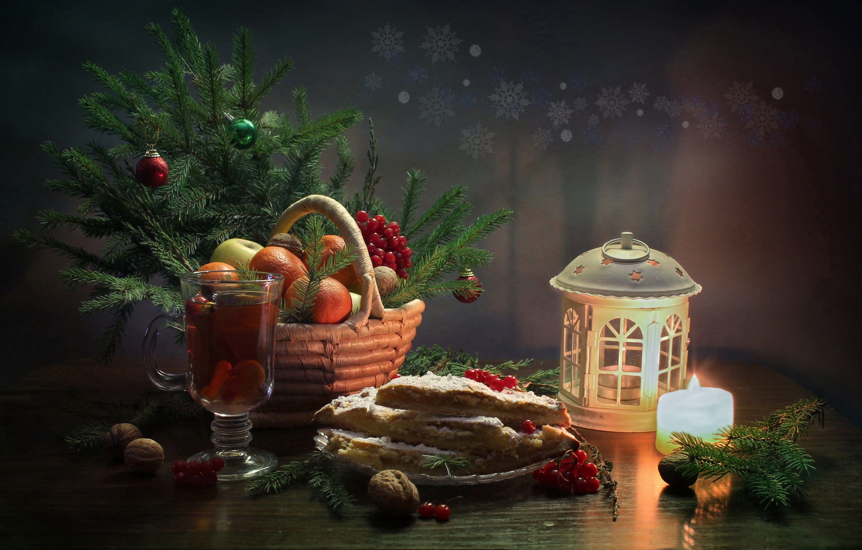 happiness, new year, tea, January, 2K, Christmas, tree, candle, tangerines, still life, lemon pie, winter, HD Wallpaper