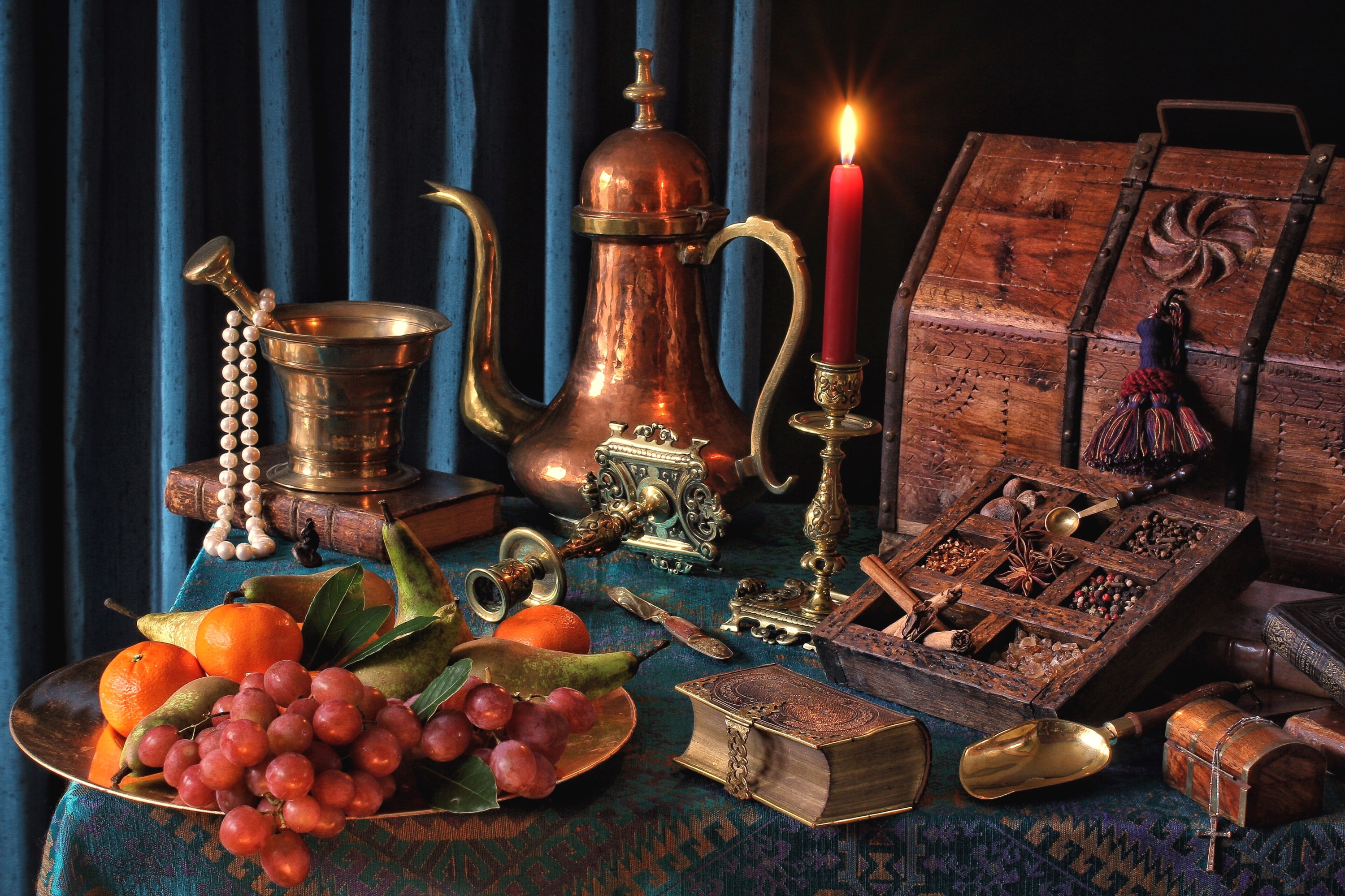 copper, fruit, chest, pear, tangerines, spices, candle, still life, mortar, coffee pot, necklace, book, grapes, 2K, HD Wallpaper