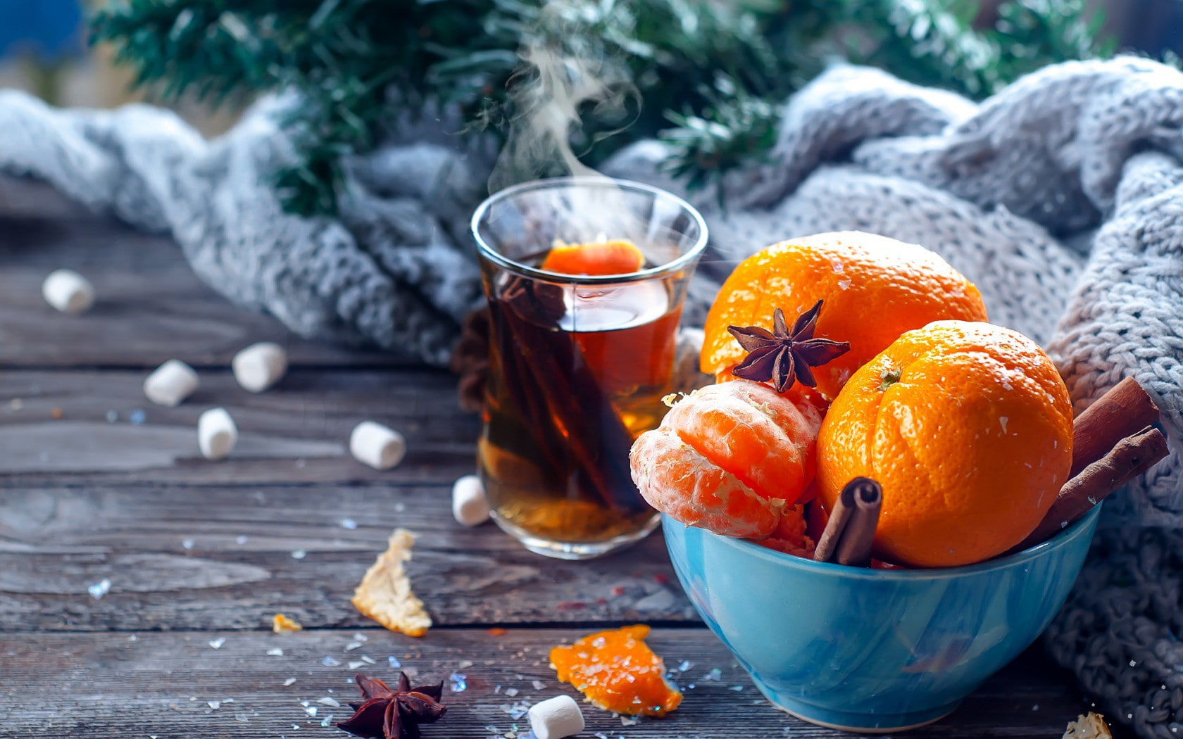 720P, comfort, cinnamon, warmth, fruit, tea, scarf, orange, Yulia Mazurkevich, tangerines, HD Wallpaper