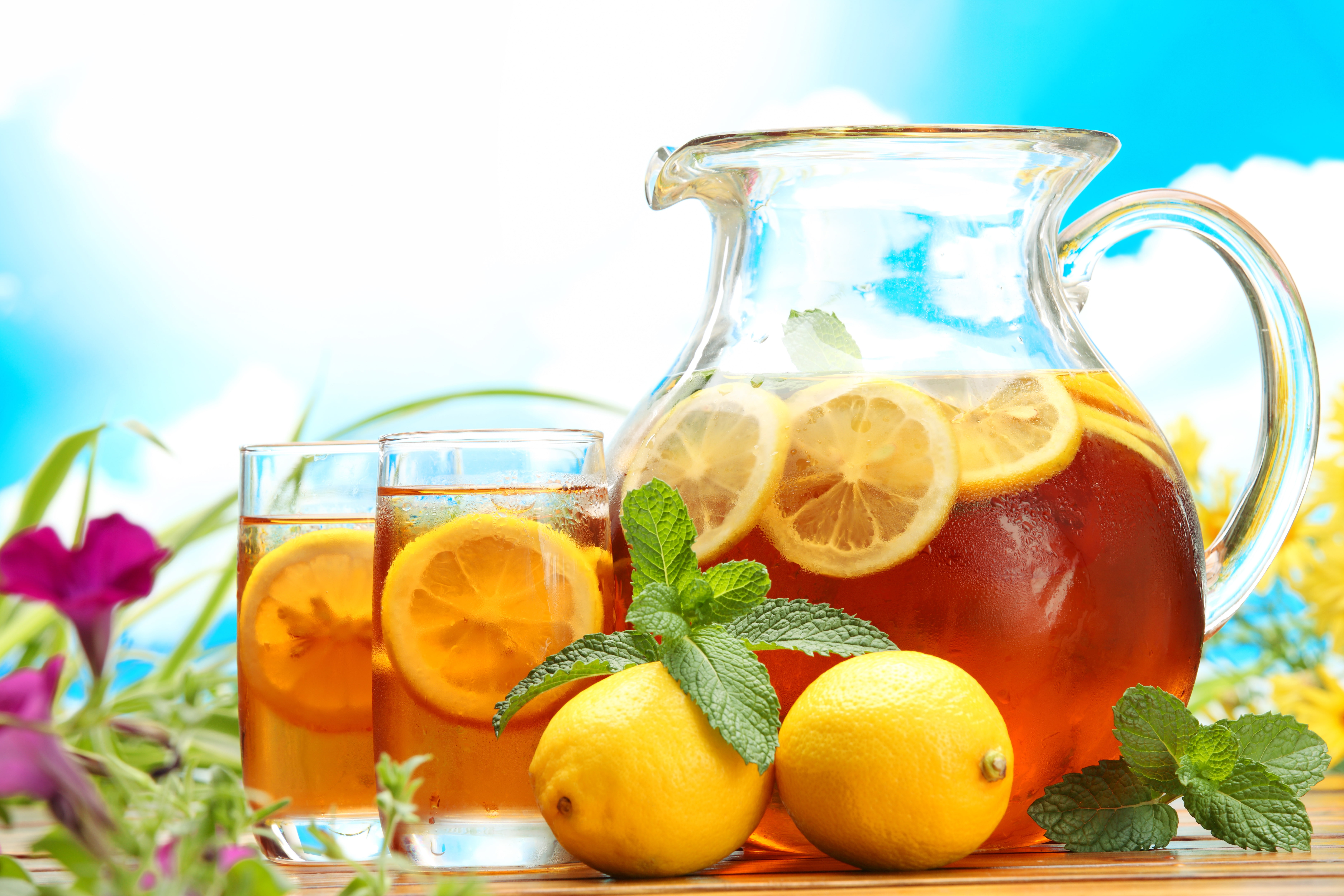 lemons, napkin, drink, mint, juice, tea, table, 5K, iced tea, fruits, decanter, the sky, glasses, lime, HD Wallpaper