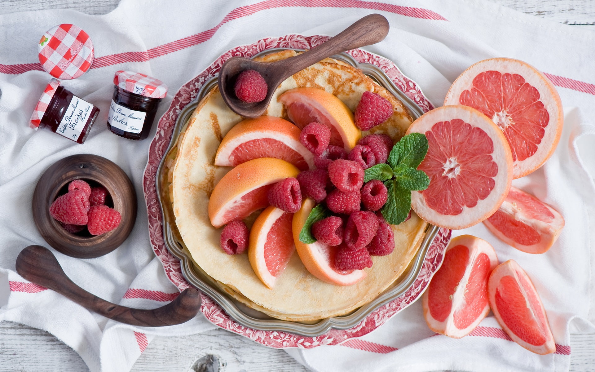Pancakes, Fruit, Berries, 1080P, Raspberry, Grapefruit, HD Wallpaper