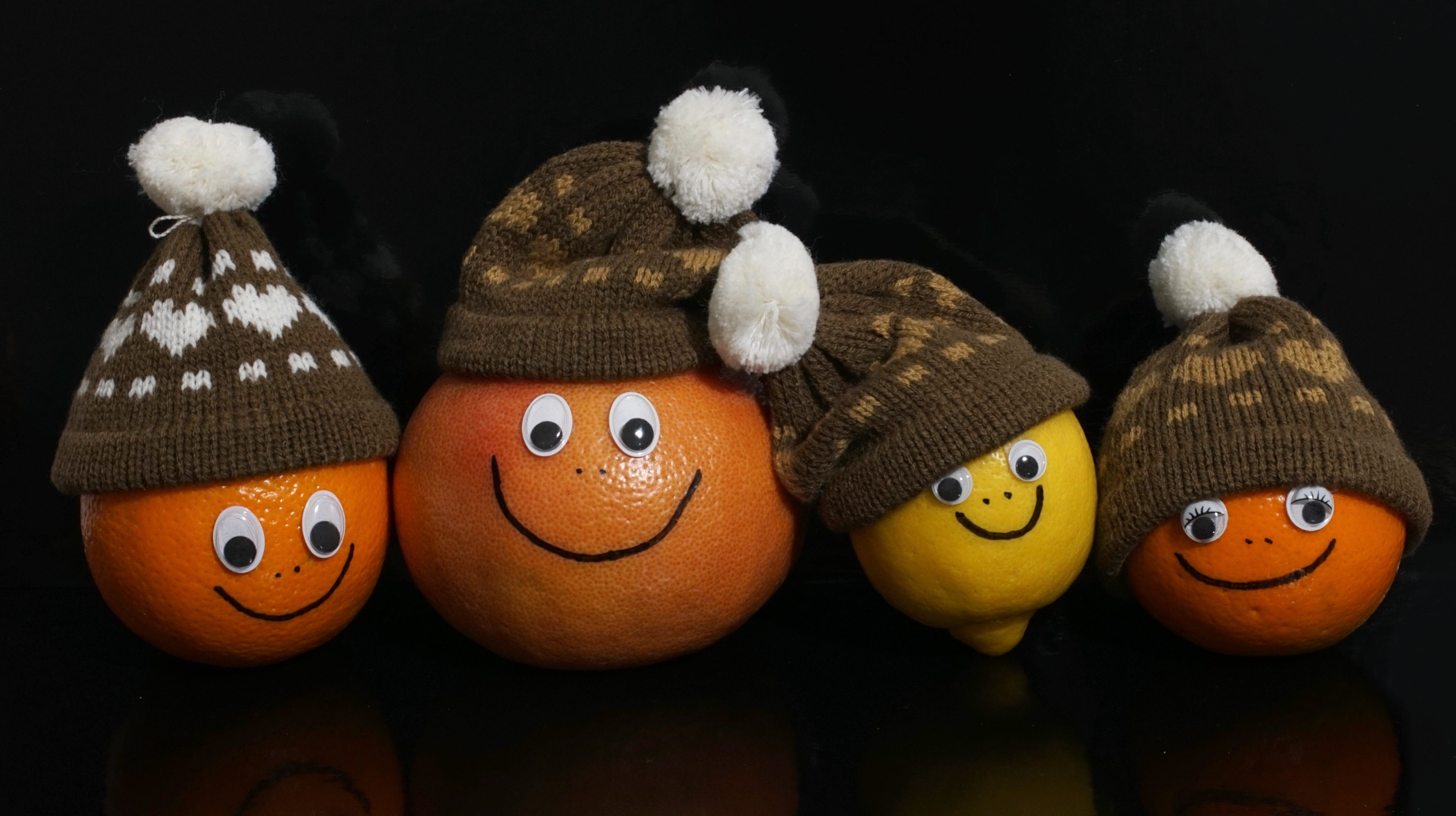 wearing, cheerful, fruit, fresh fruit, card greeting, smilies, laugh, black background, craft, fruits, creativity, eat, children, hats, stuffed toy, citrus, HD Wallpaper