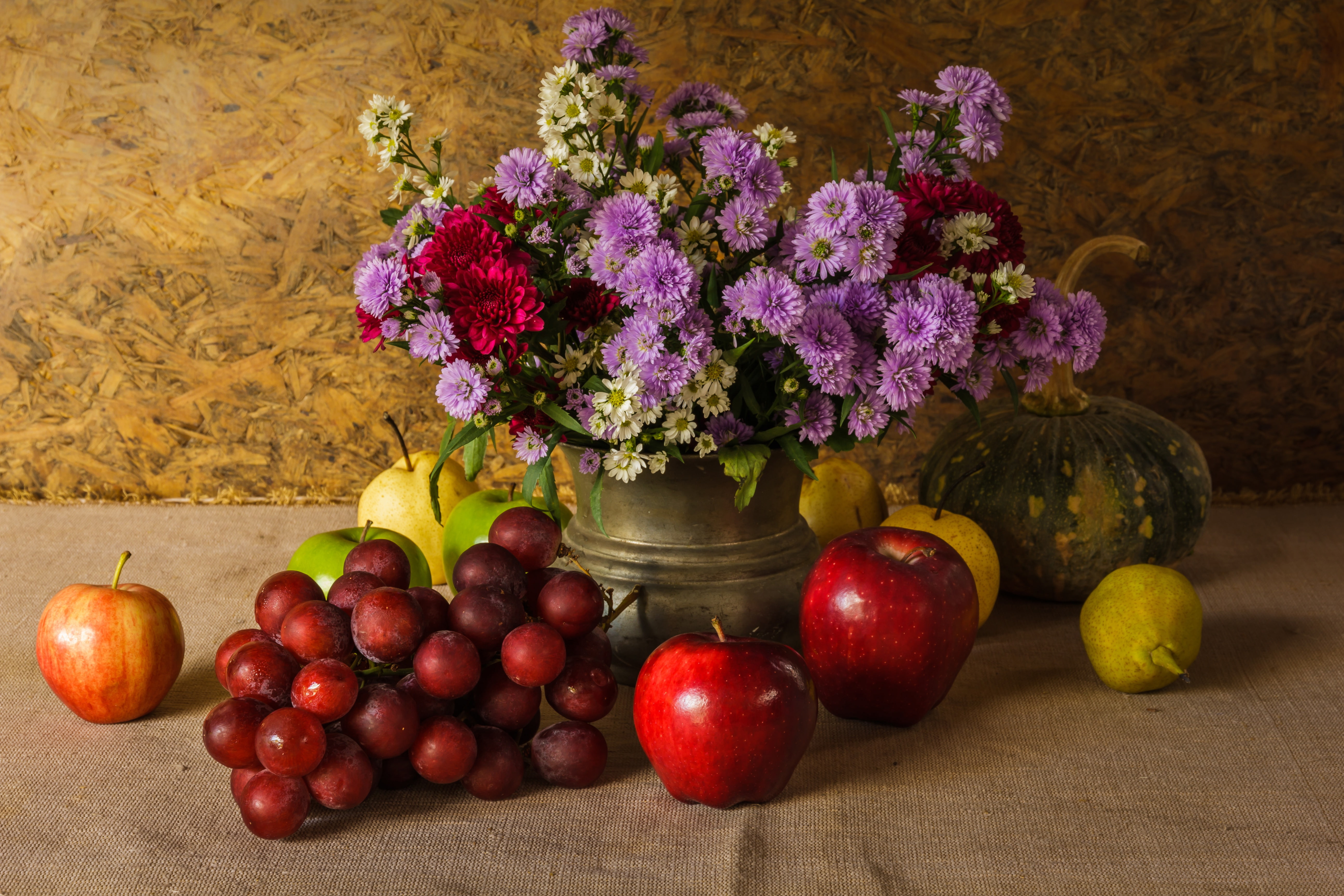 vegetables, apples, bouquet, flowers, still life, pear, grapes, vegetable, 5K, pumpkin, fruit, HD Wallpaper