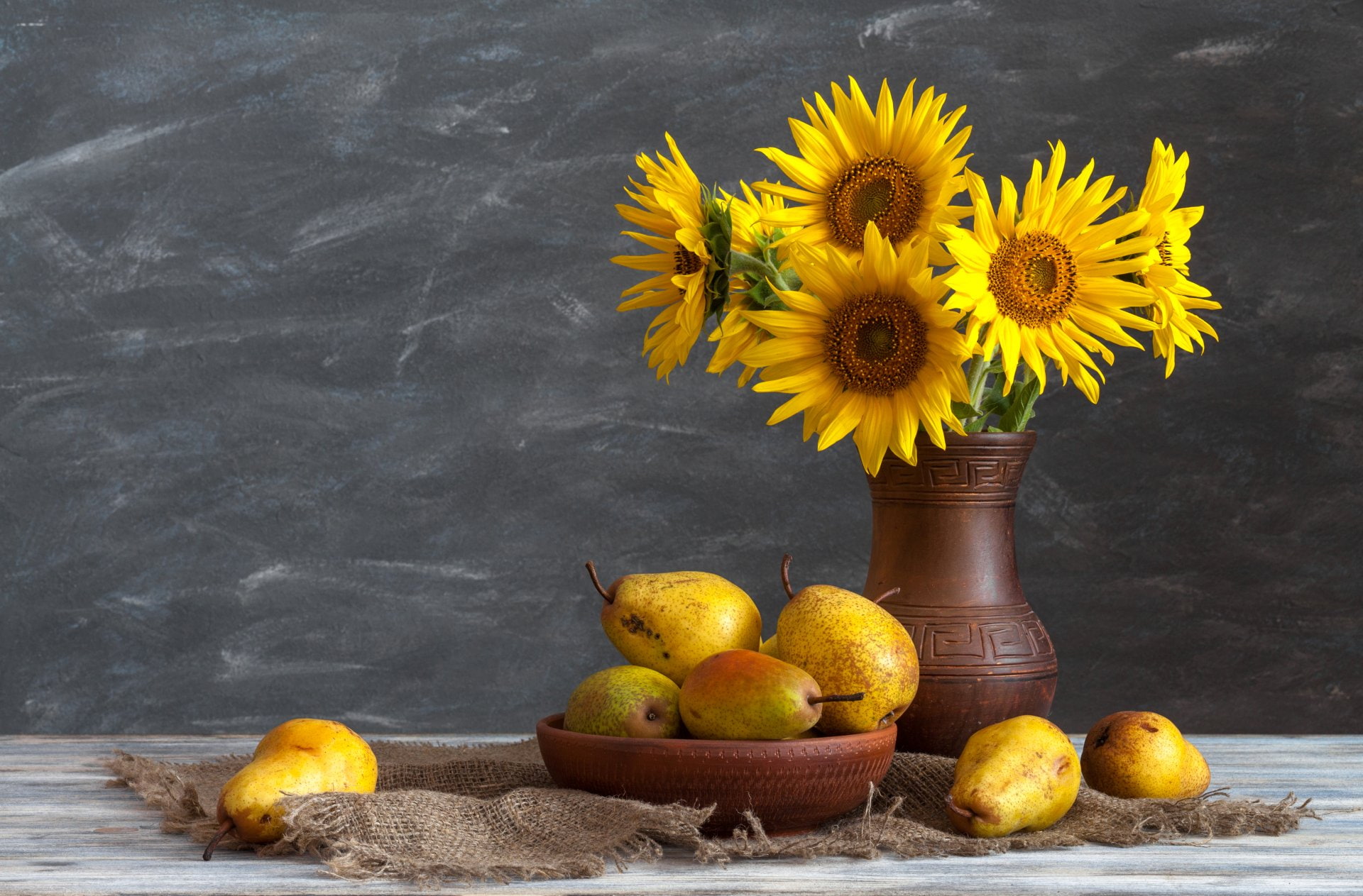 1080P, Pear, Photography, Still Life, Vase, Sunflower, Bowl, Yellow Flower, HD Wallpaper