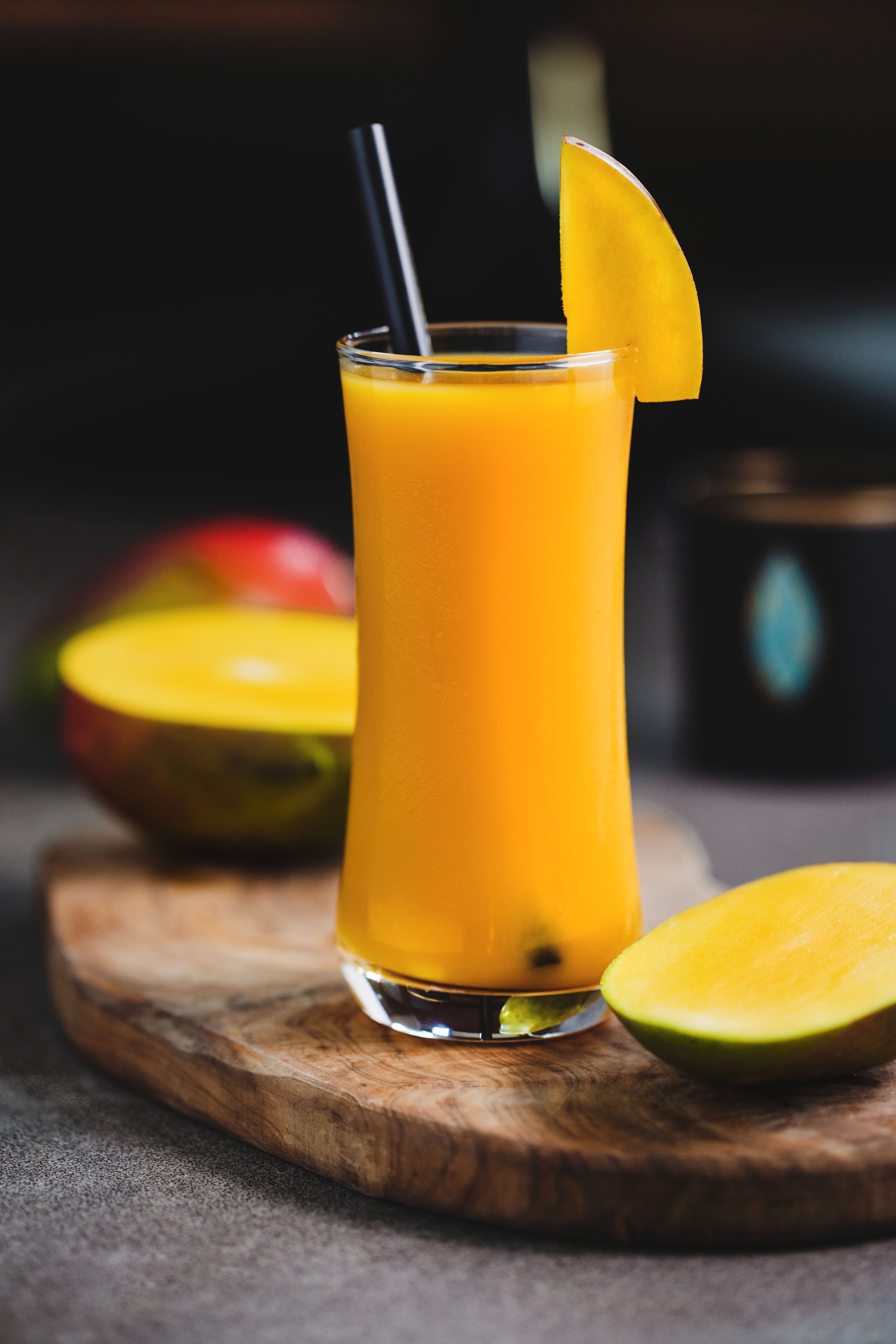 no people, fruit, food, orange, glass, still life, drinking glass, wood - material, household equipment, juice, mango, 5K, table, slice, orange color, Phone HD Wallpaper