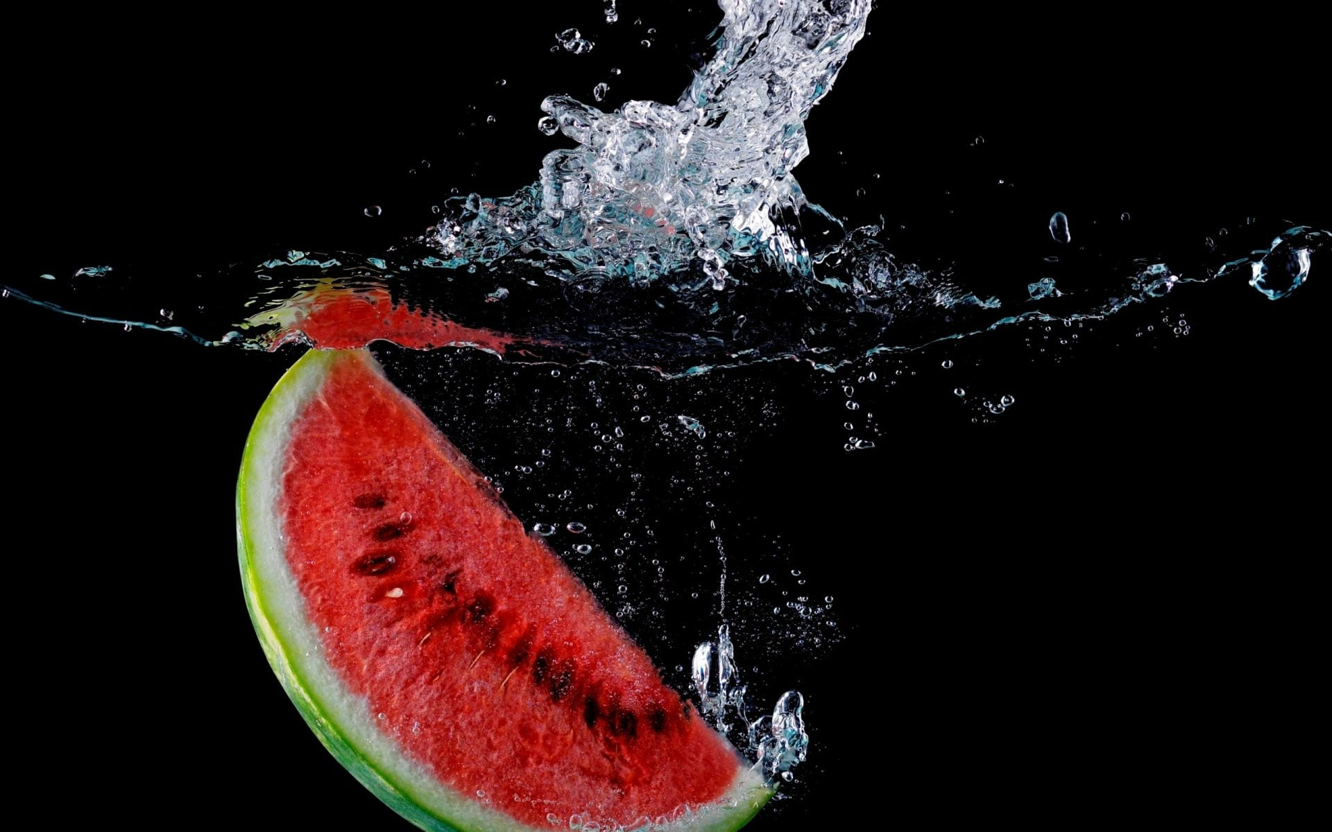 high-speed photography, healthy eating, 1080P, motion, wellbeing, Watermelon, no people, nature, freshness, studio shot, indoors, black background, splashing, HD Wallpaper