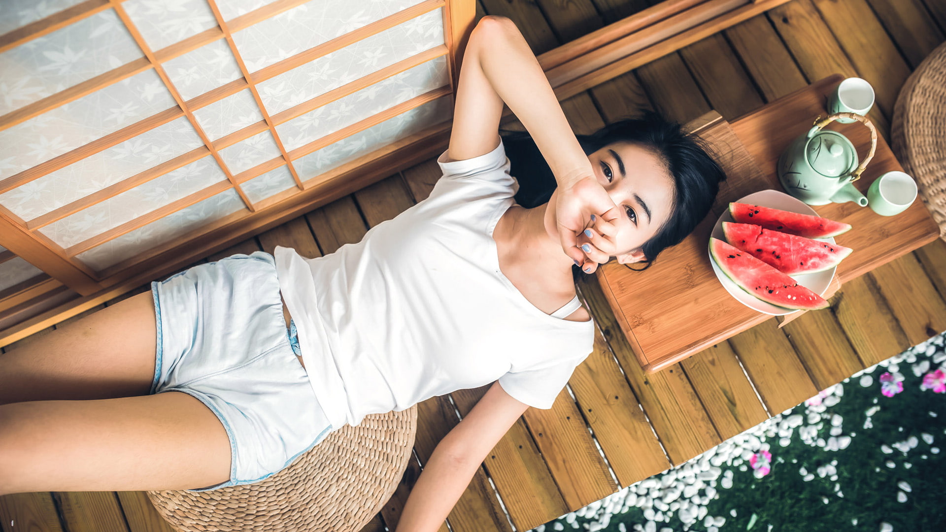women, watermelons, 1080P, Asian, model, photography, HD Wallpaper