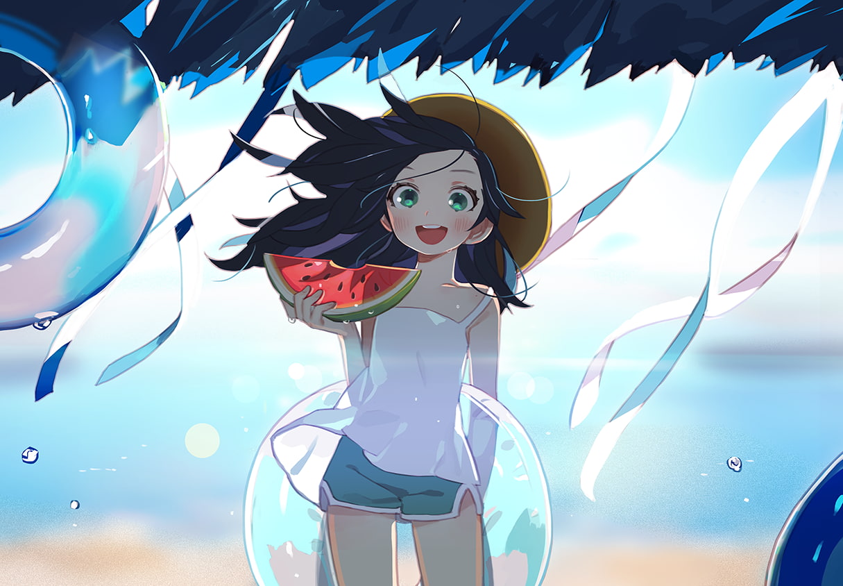 art and craft, dark hair, green eyes, outdoors, water, pool, long hair, nature, lifestyles, hat, anime girls, day, 480P, blue, leisure activity, representation, HD Wallpaper
