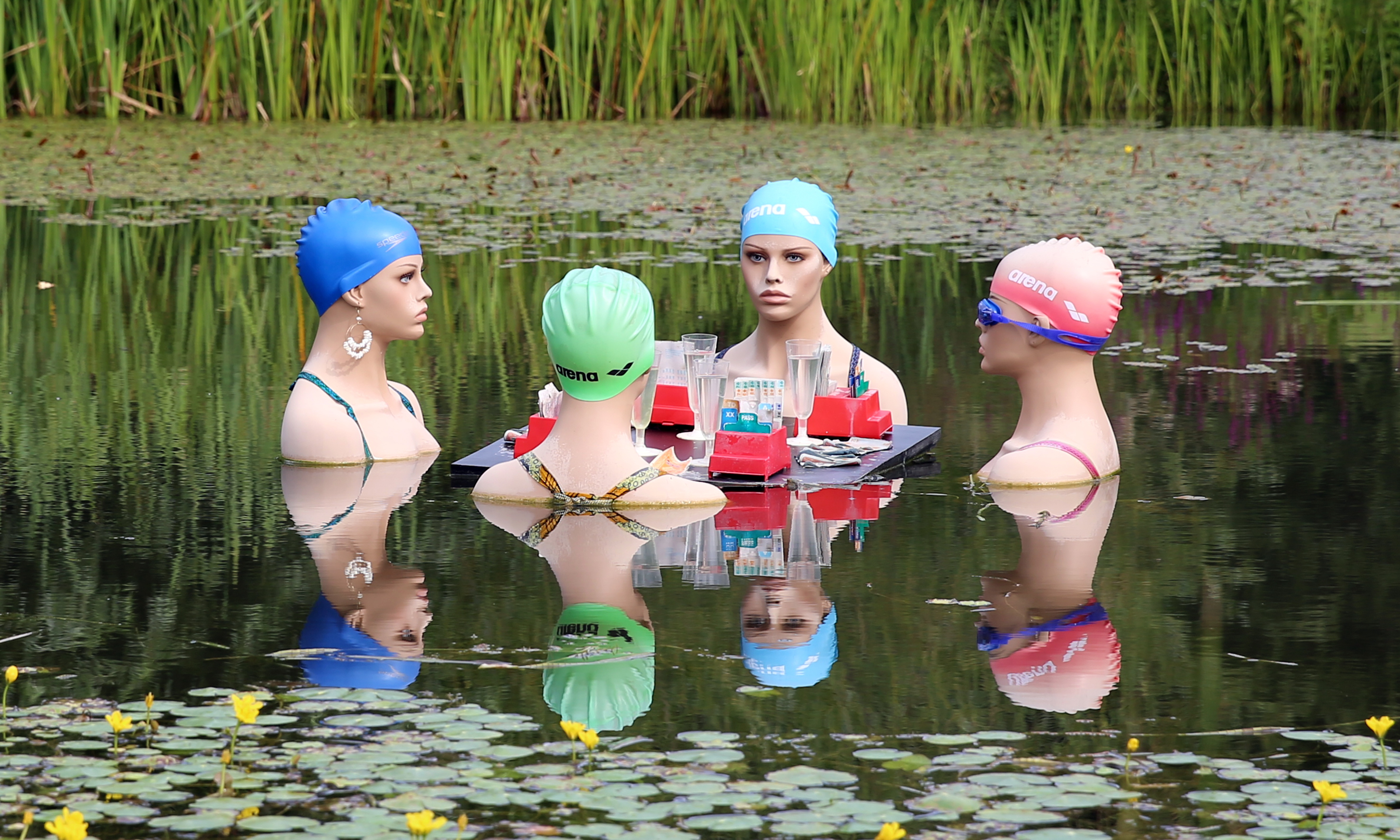 friendship, chat, modern, swim cap, bathing mermaids, offspring, art project, smiling, graceful, togetherness, exchange, communication, 5K, reflection, HD Wallpaper