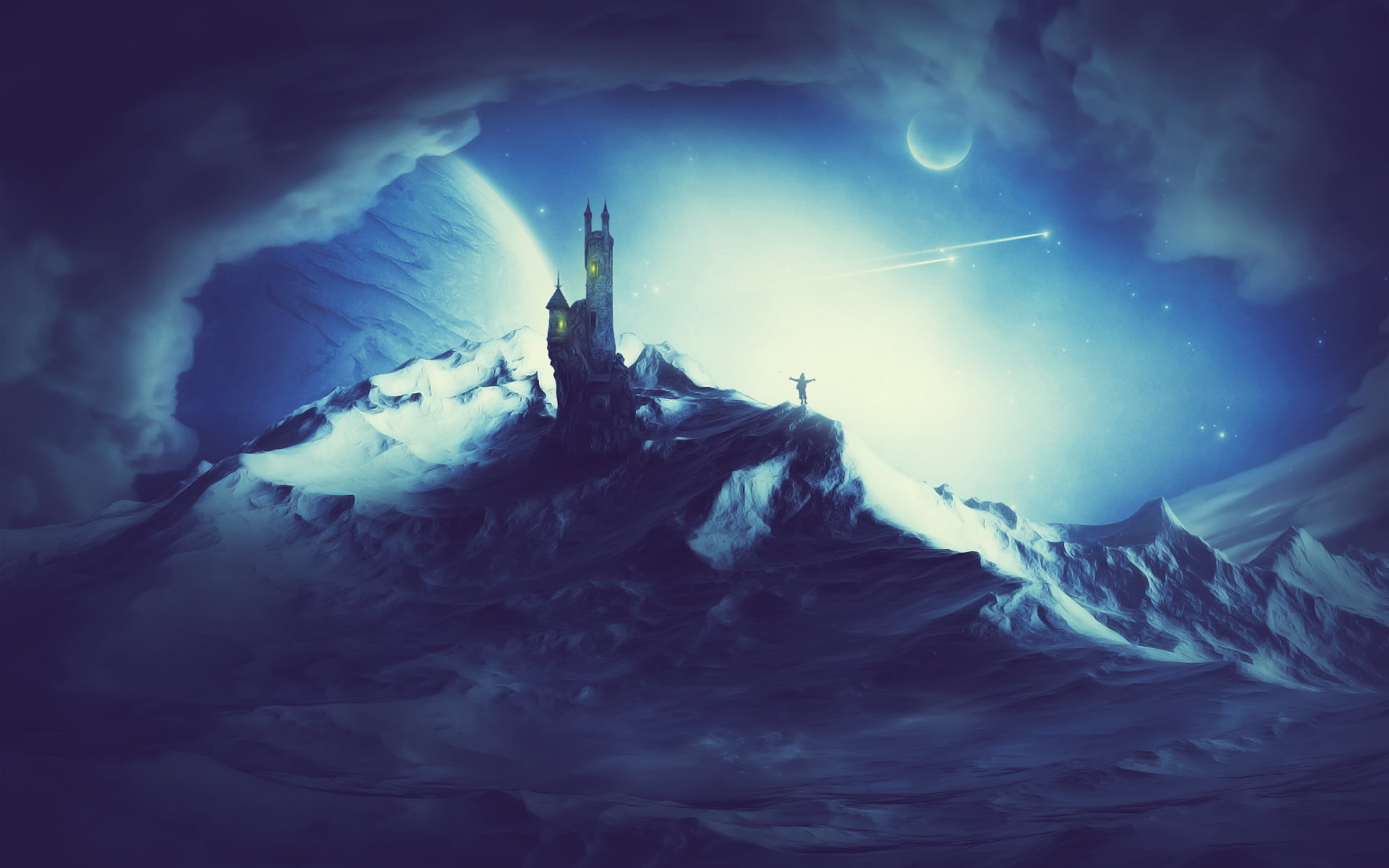 castle, fantasy, blue, mountains, hd, planets, stats, 1080P, HD Wallpaper