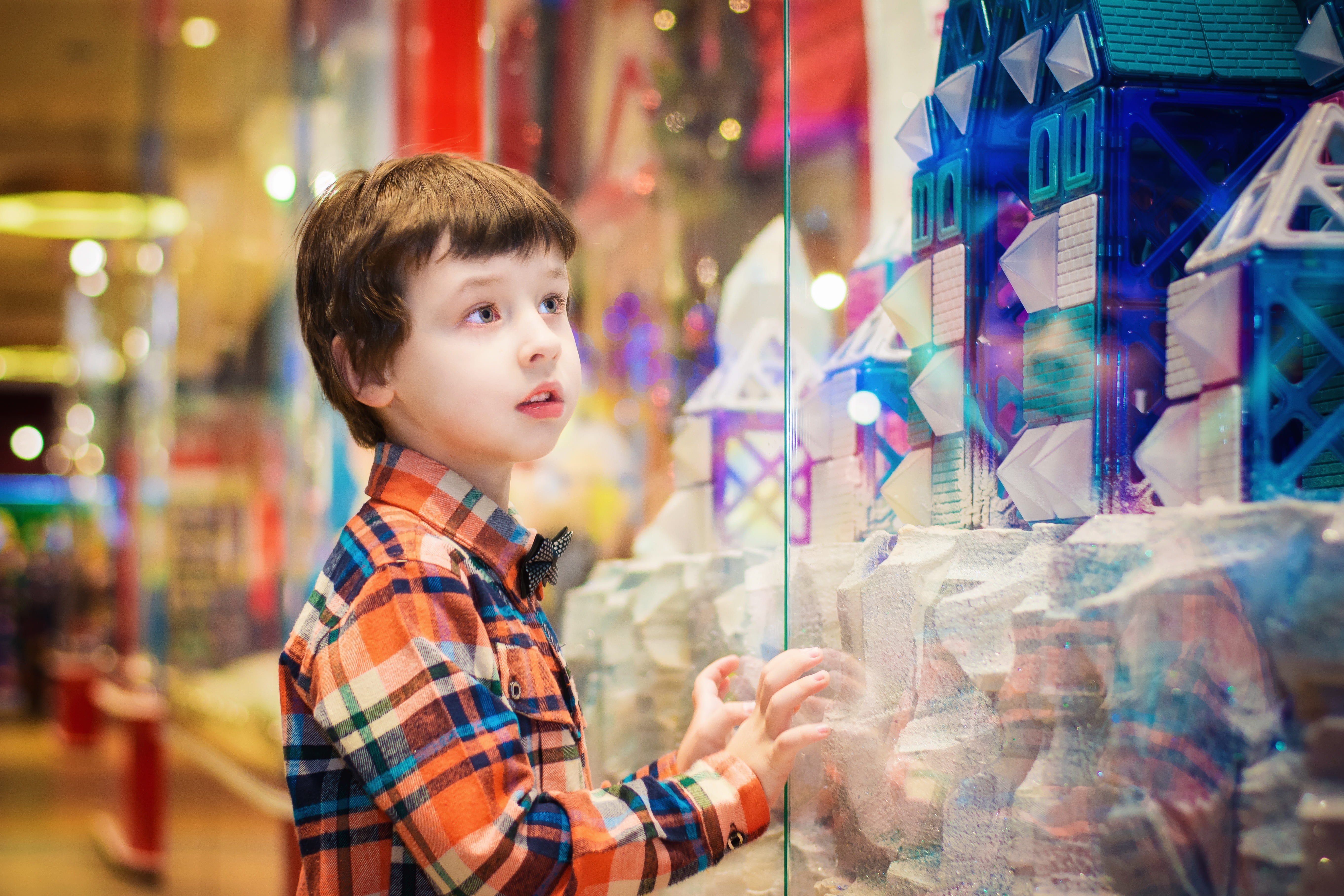 blue, holiday, innocence, boys, standing, plaid, toy store, store, 5K, shopping center, portrait, offspring, orange, s, shirt, stock, focus on foreground, HD Wallpaper