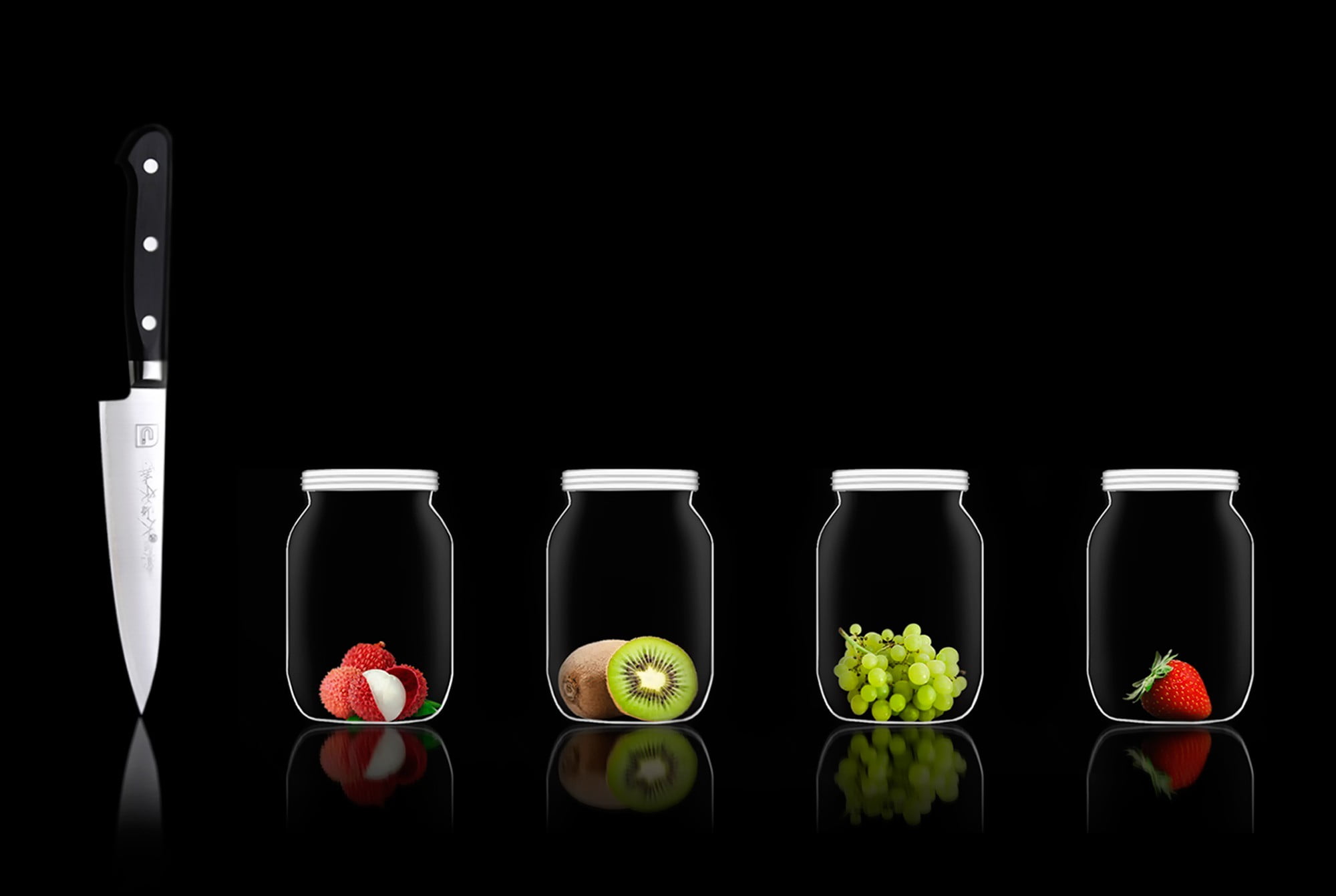 studio shot, no people, red, glass, vegetable, food, strawberries, black background, container, clear, choice, kiwi (fruit), fruit, in a row, copy space, HD Wallpaper