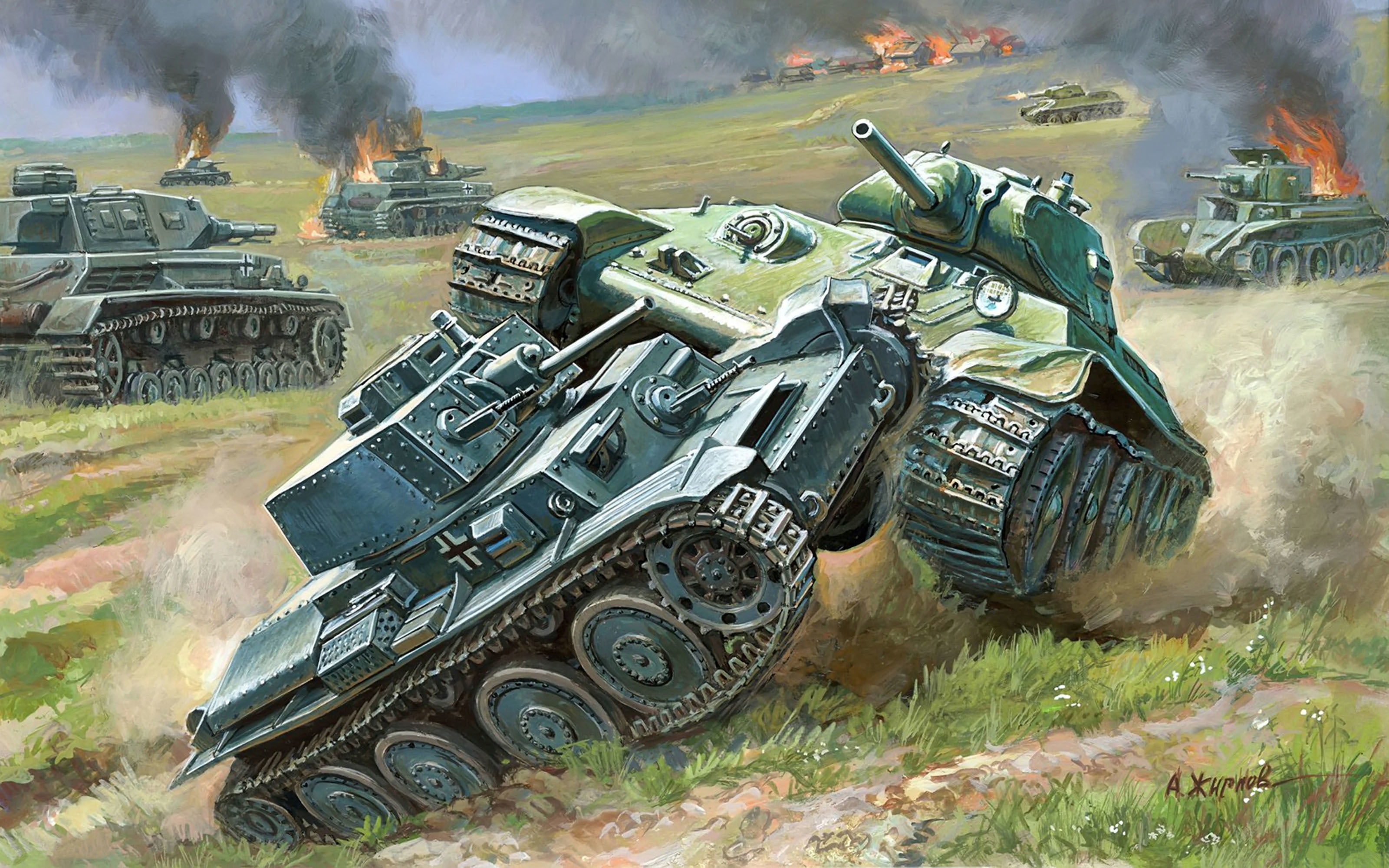 mode of transportation, the battle, Soviet, arr., grass, aggression, camouflage, German, tank, A. Zhirnov, sign, PZ.Kpfw.38.(T), motor vehicle, power, outdoors, HD Wallpaper