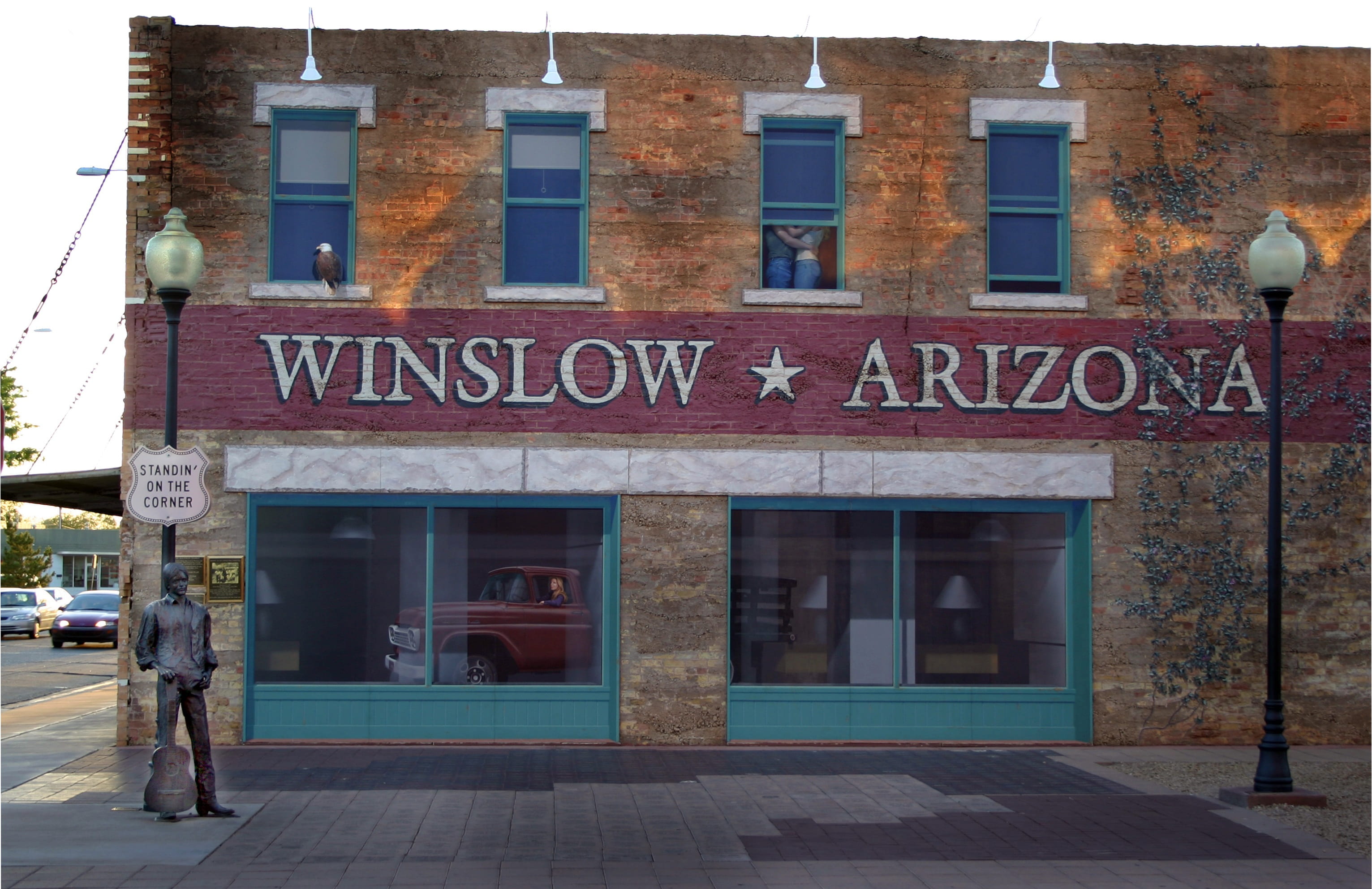 standing on the corner, street, text, building exterior, sign, information, sidewalk, america, built structure, capital letter, entrance, winslow arizona, HD Wallpaper