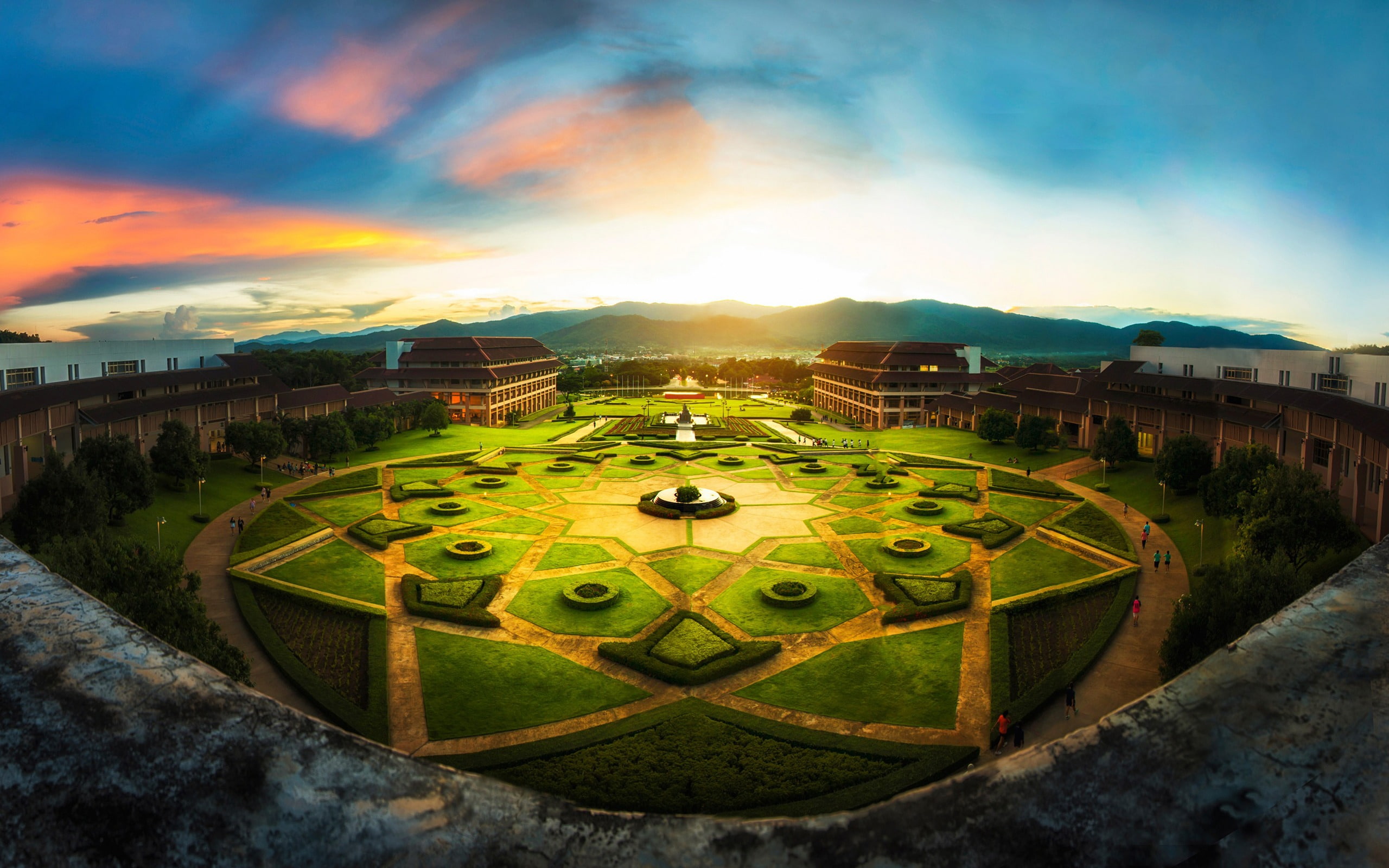 fah, thailand, luang, plant, architecture, cloud - sky, sky, mountain, high angle view, high, building exterior, 2K, circle, outdoors, green color, built structure, HD Wallpaper