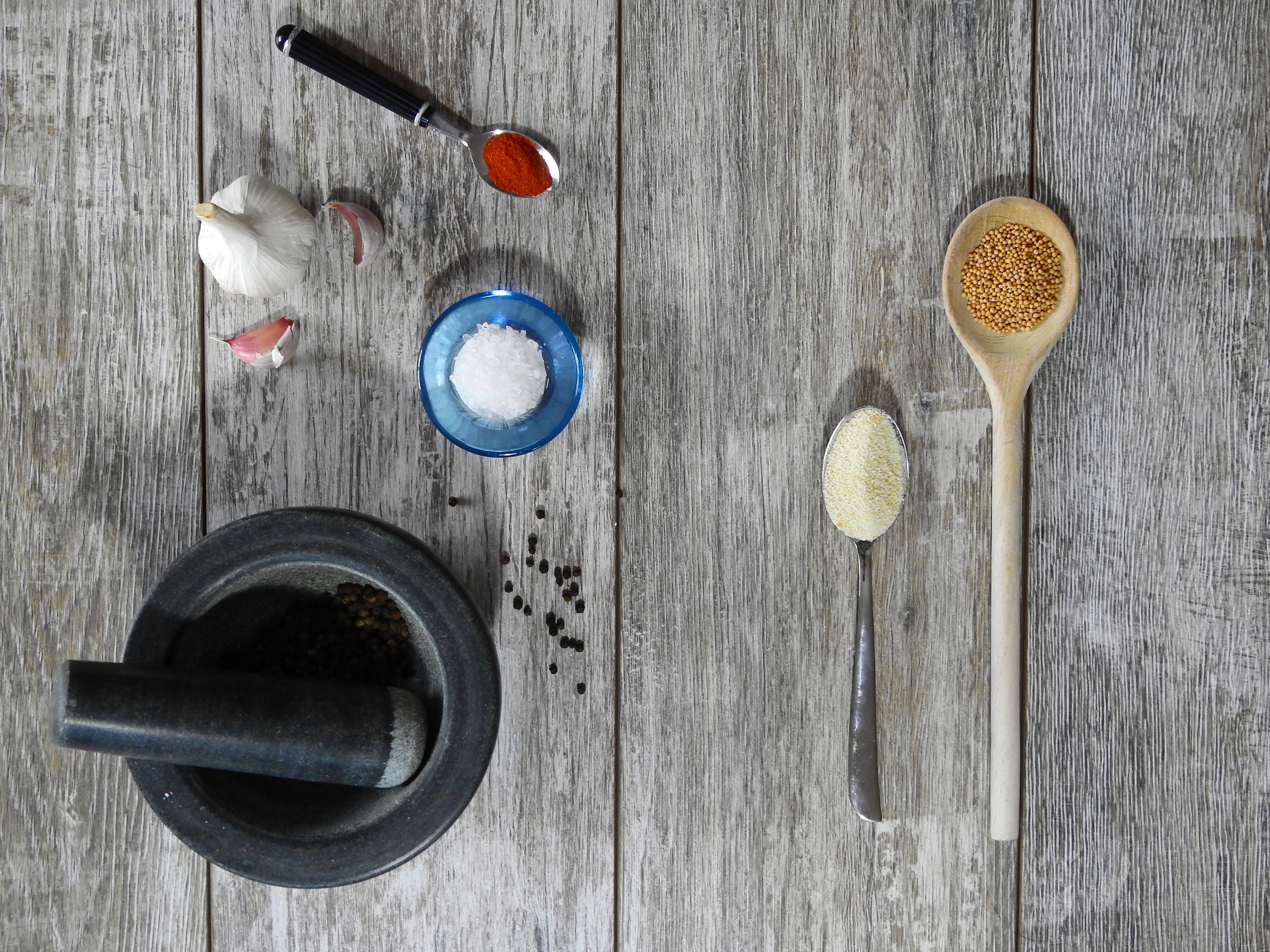 wooden spoon, crockery, paprika, high angle view, brown, bowl, pestle, indoors, wood - material, garlic, close-up, healthy eating, no people, still life, HD Wallpaper