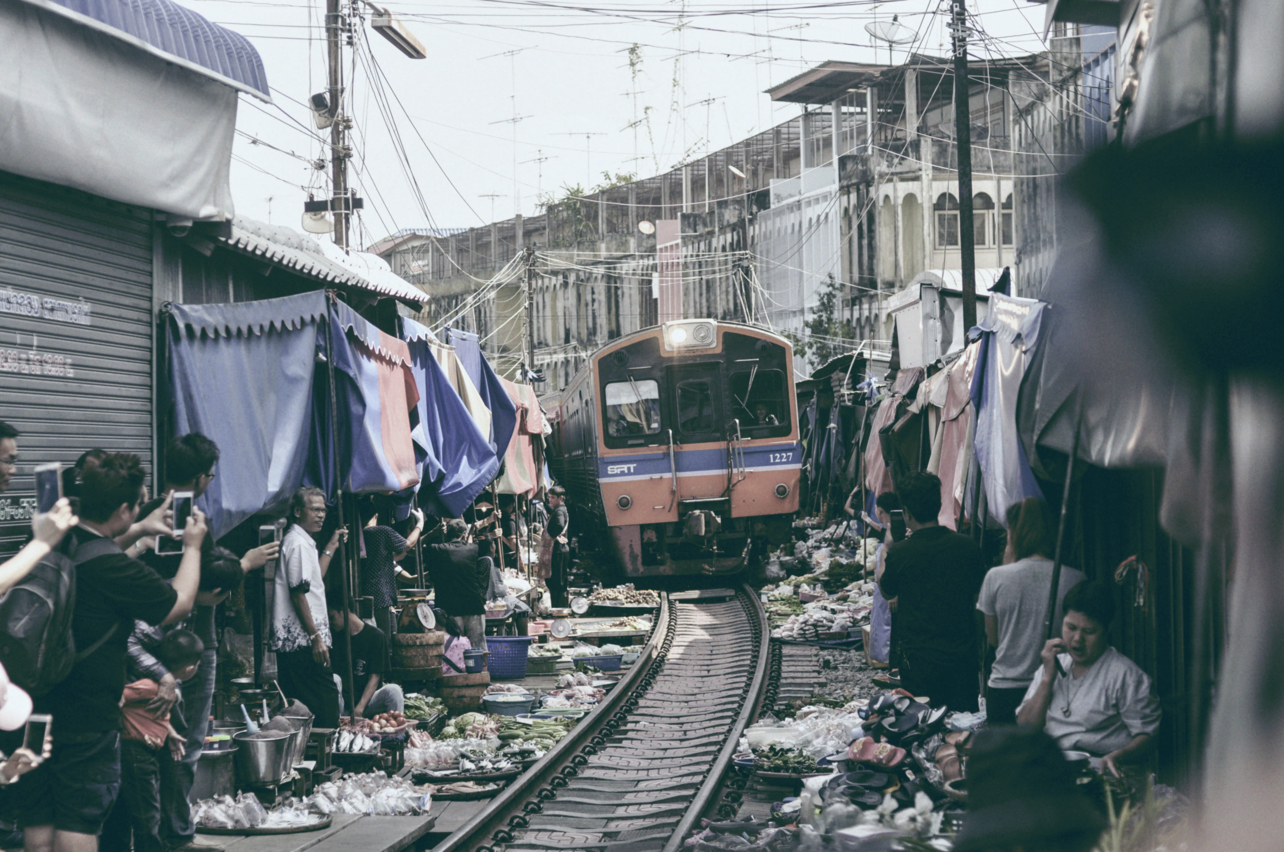 people, building exterior, 4K, train, built structure, real people, large group of people, street photography, cable, market, south east asium, train market, HD Wallpaper