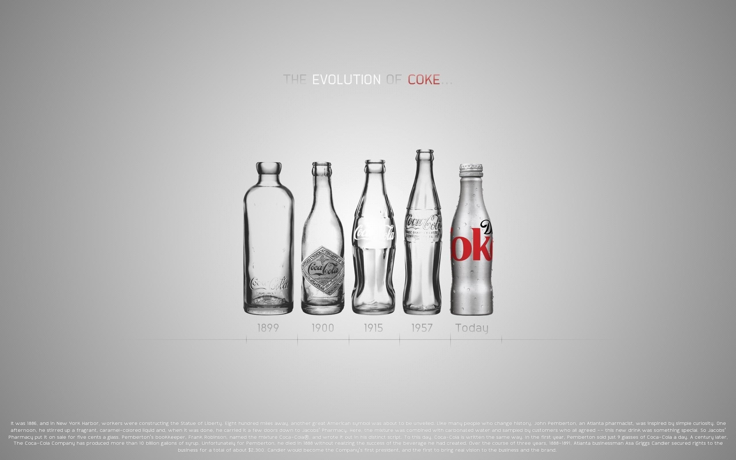 minimalistic, 2K, evolution, cola, bottles, coca, text, background, drinks, images, HD Wallpaper