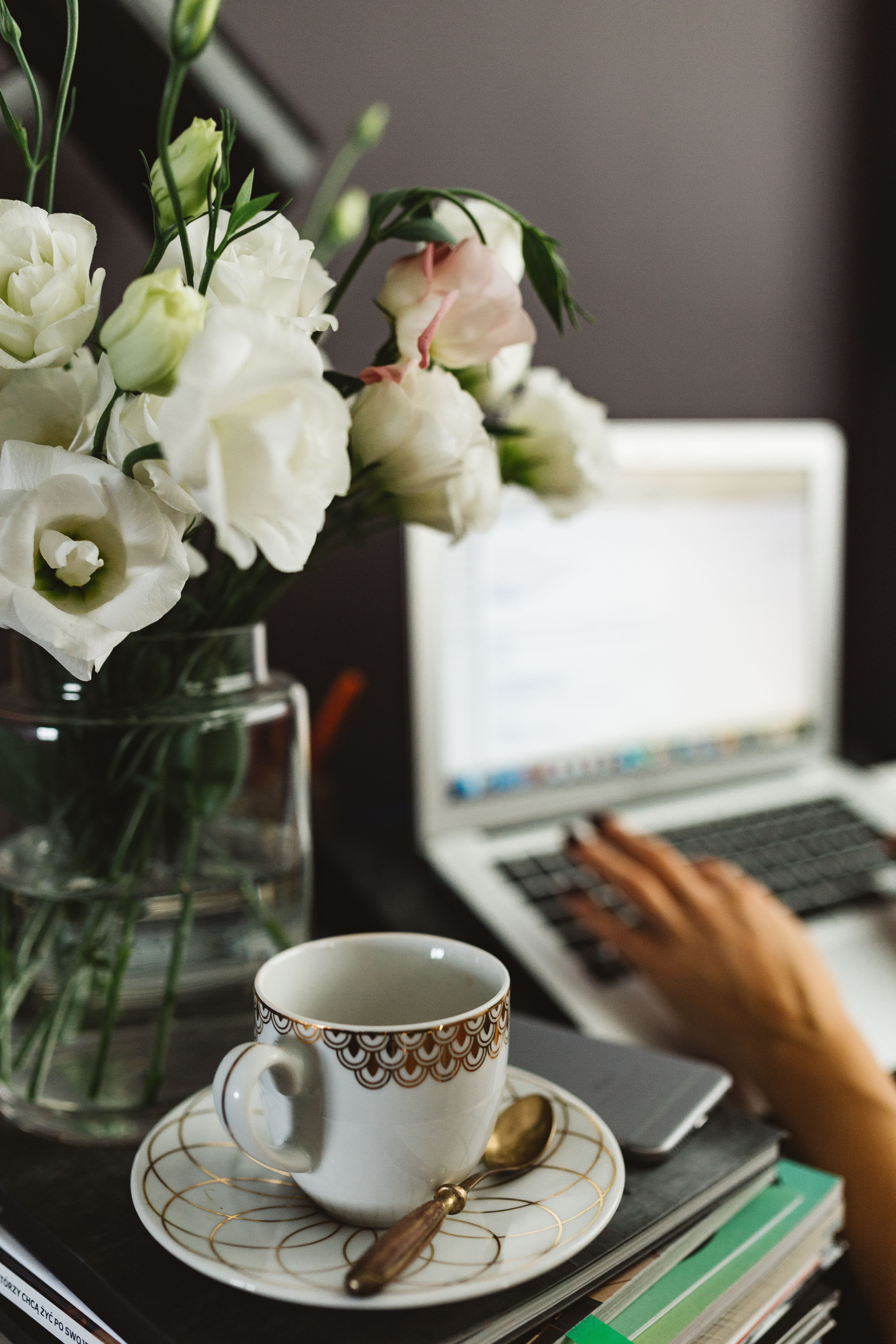 drink, hand, home, food and drink, desk, at home, Woman, laptop, workplace, coffee cup, cup, refreshment, crockery, office, working, one person, computer, Phone HD Wallpaper