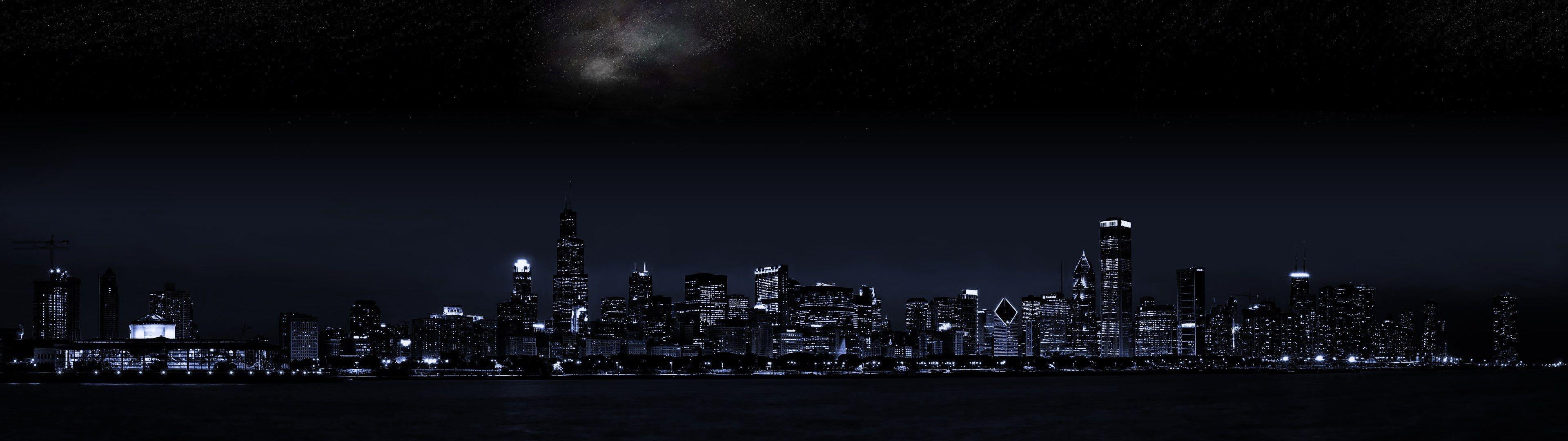 4K, dual monitor, night city, the dark background, HD Wallpaper