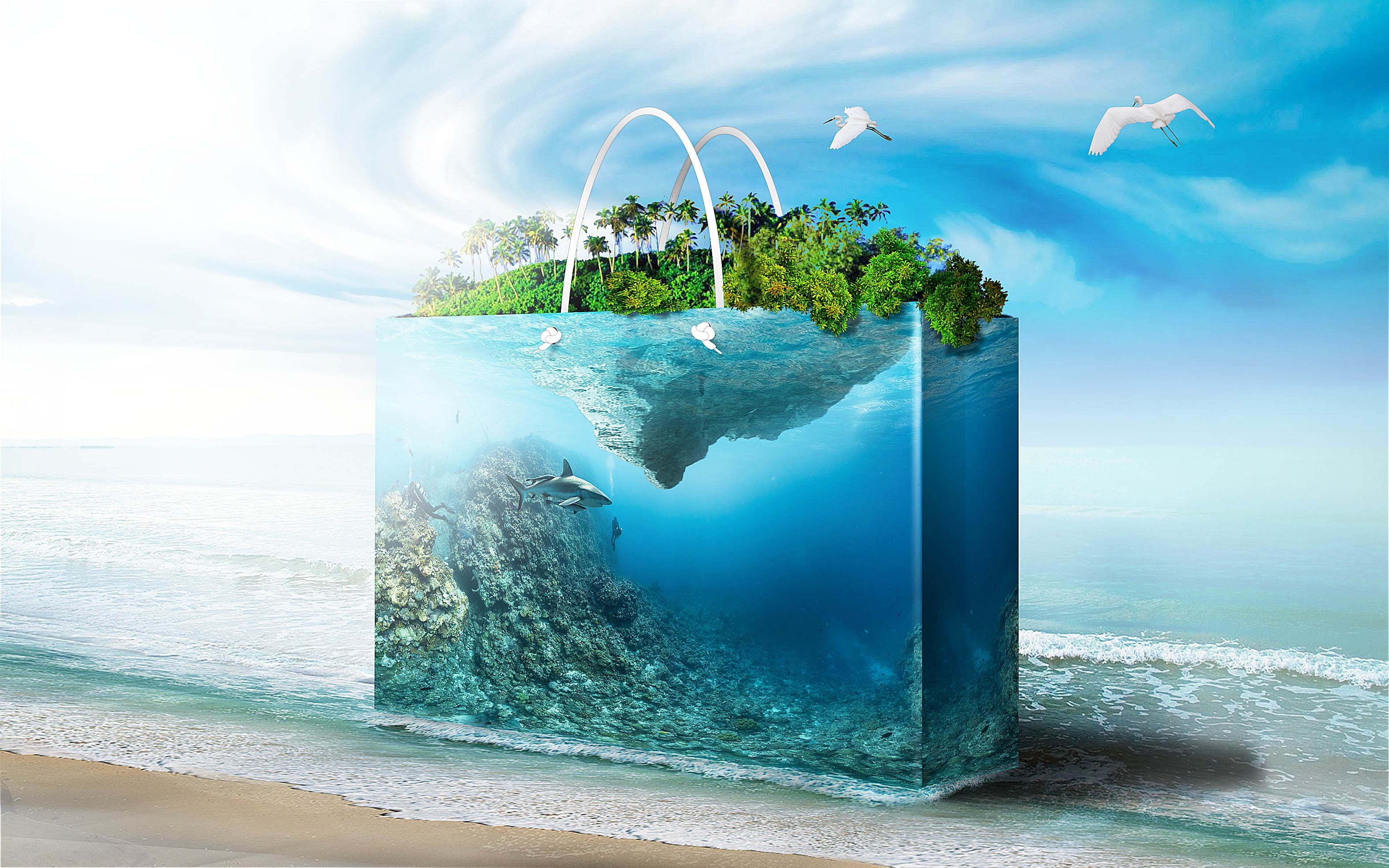 digital art, island, rocks, trees, aquarium, water, photo manipulation, 2K, shark, plants, sea, birds, bag, HD Wallpaper