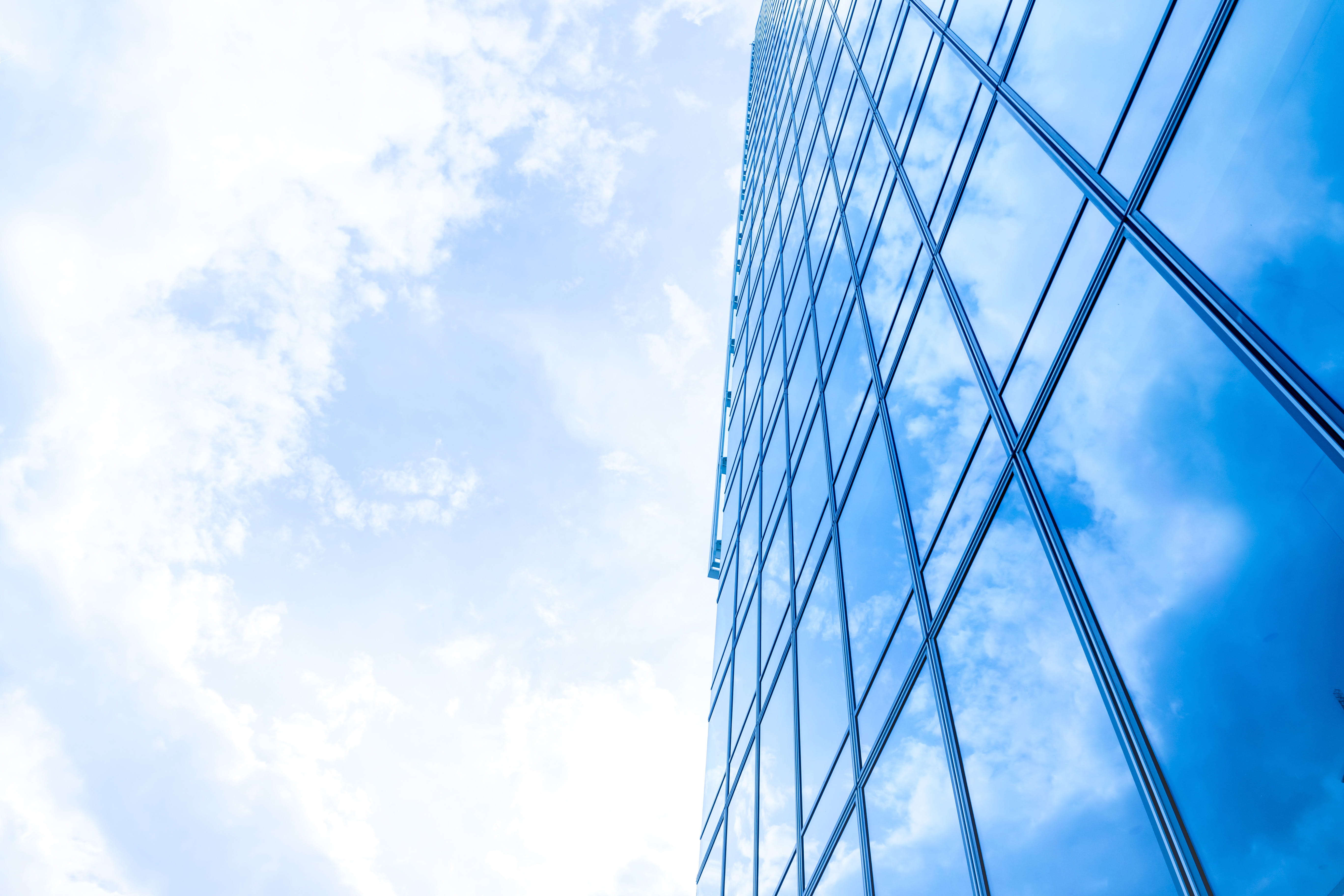 glass - material, city, 5K, sky, blue, windows, cloud - sky, nature, modern, skyscraper, outdoors, corporate, no people, building, building exterior, day, HD Wallpaper