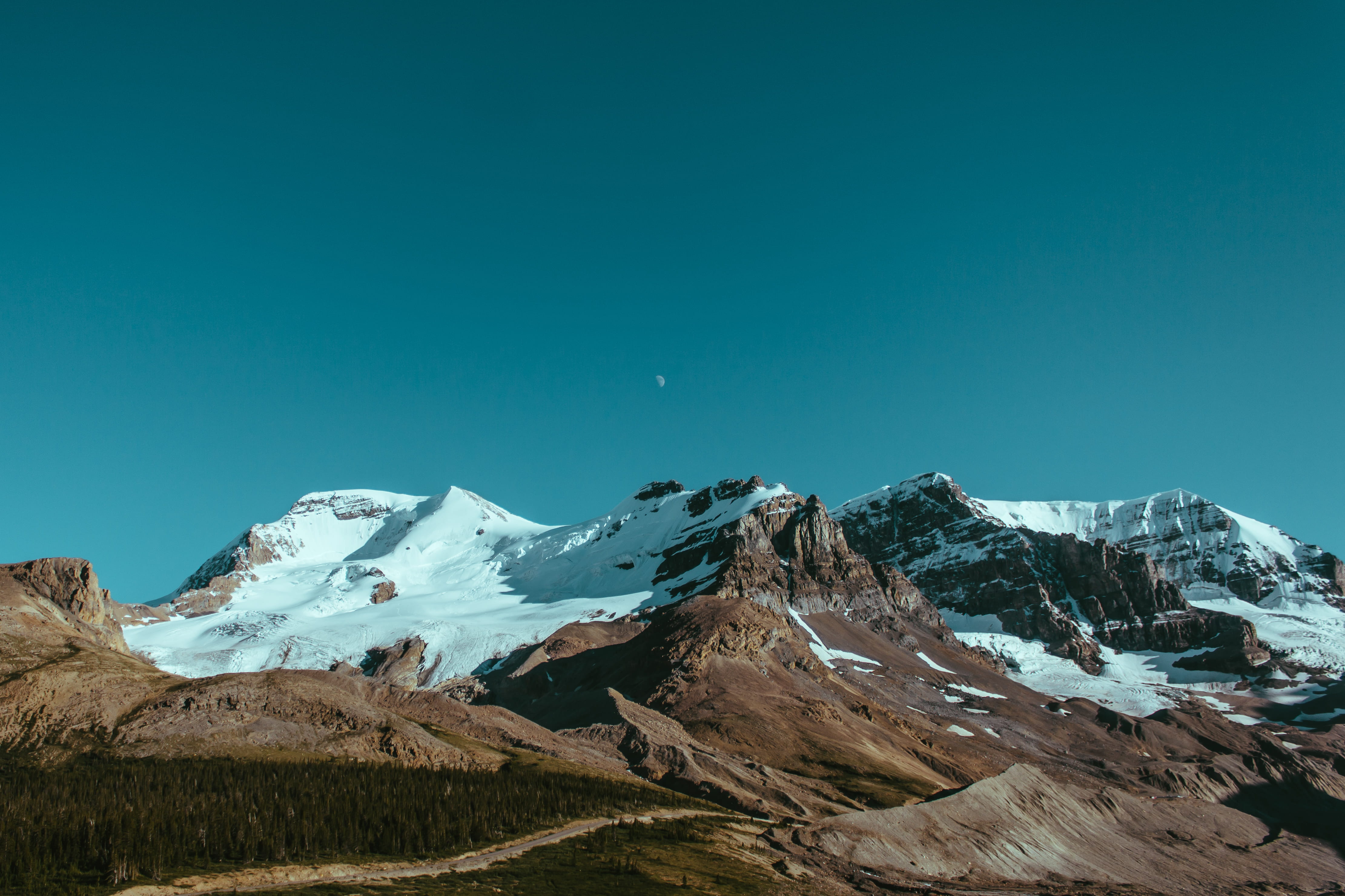 non-urban scene, no people, mountains, shadows, moon, 4K, mountain, clean, clear sky, editors pick, rocks, trees, mountain peak, environment, idyllic, HD Wallpaper