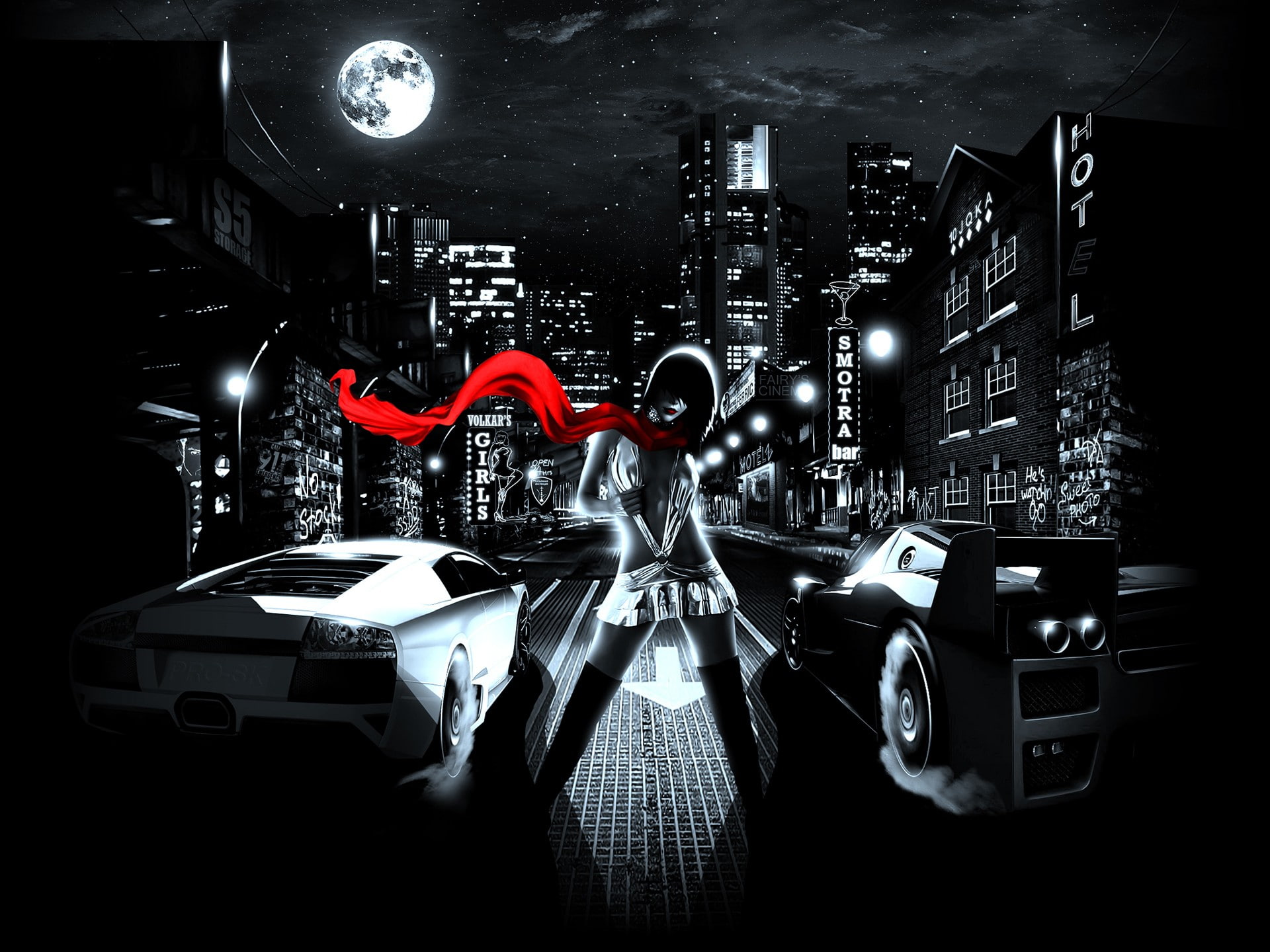 1080P, drag, digital composite, city, motor vehicle, illuminated, technology, silver colored, reflection, women, architecture, retro styled, land vehicle, HD Wallpaper