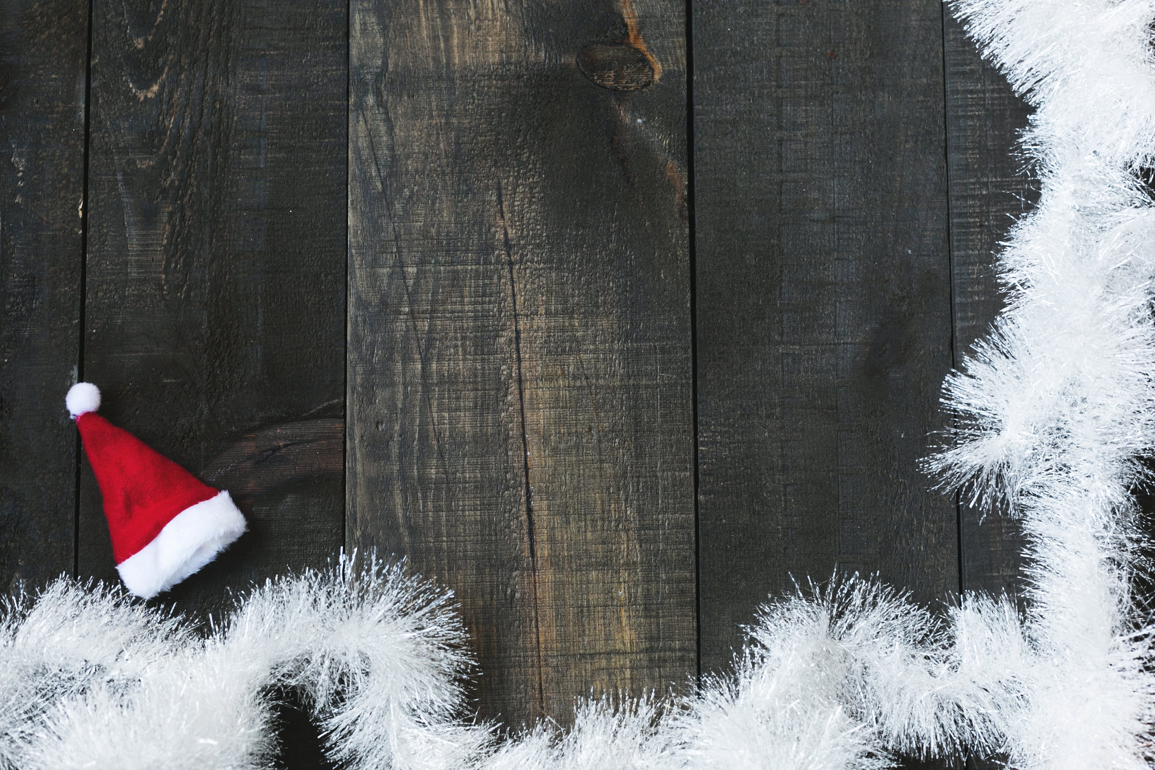 Holidays, christmas decoration, celebration, Flatlay, coniferous tree, winter, wood - material, tree, warm clothing, hat, white color, snow, patriotism, HD Wallpaper