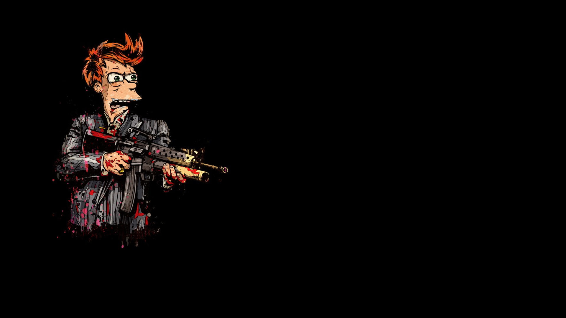 fry, blood, black, 1080P, scarface, futurama, rifle, cartoon/comic, hd, HD Wallpaper