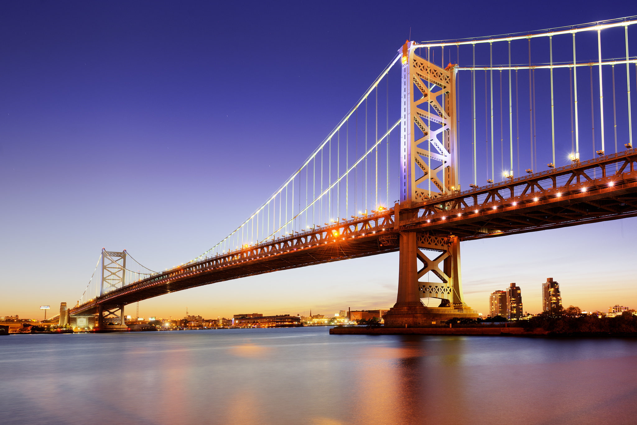 1080P, night, the Delaware river, support, the Benjamin-Franklin-bridge, lights, Philadelphia, HD Wallpaper