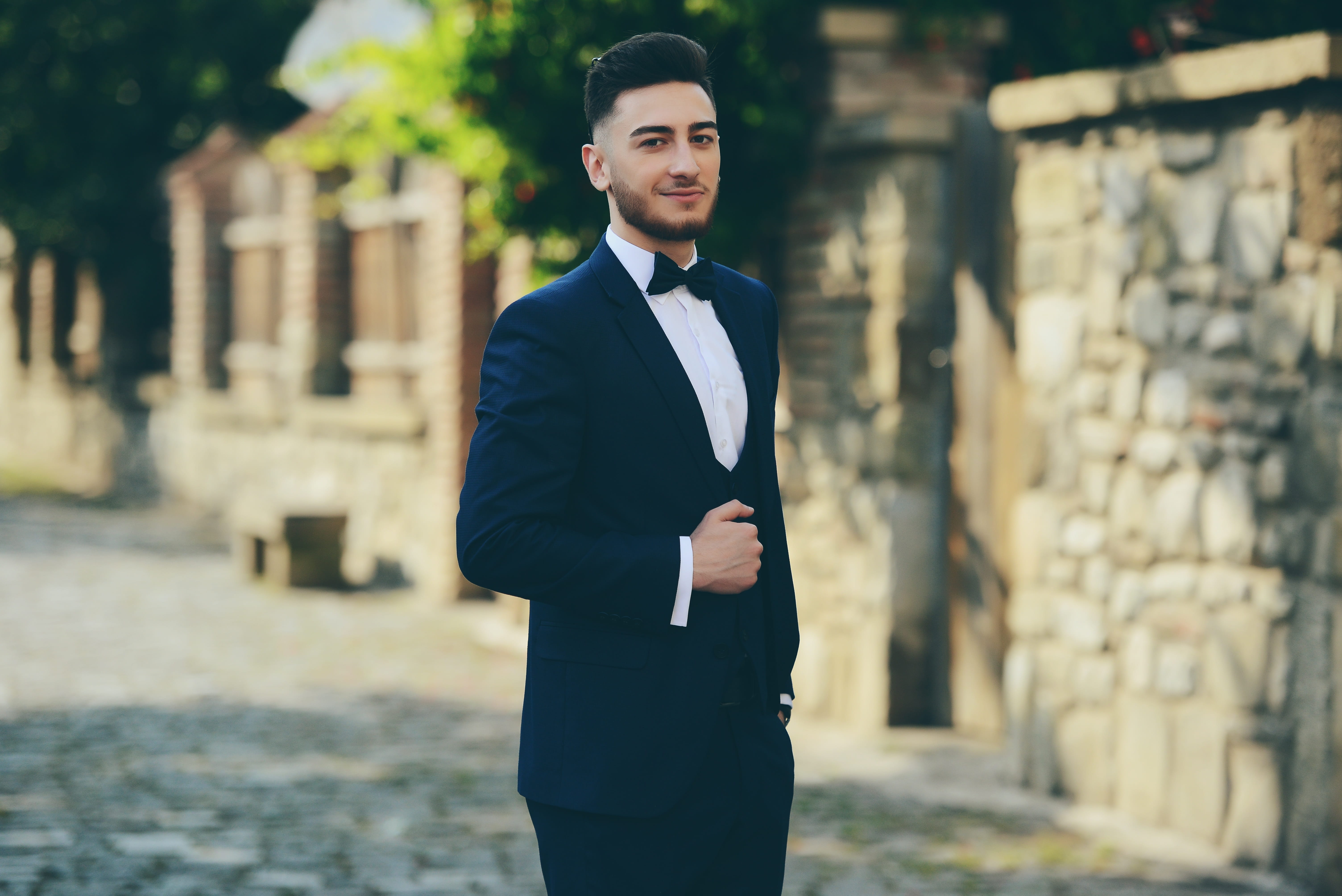 real people, three quarter length, portrait, front view, one person, male, prom, architecture, looking at camera, young men, bowtie, gentleman, building, HD Wallpaper